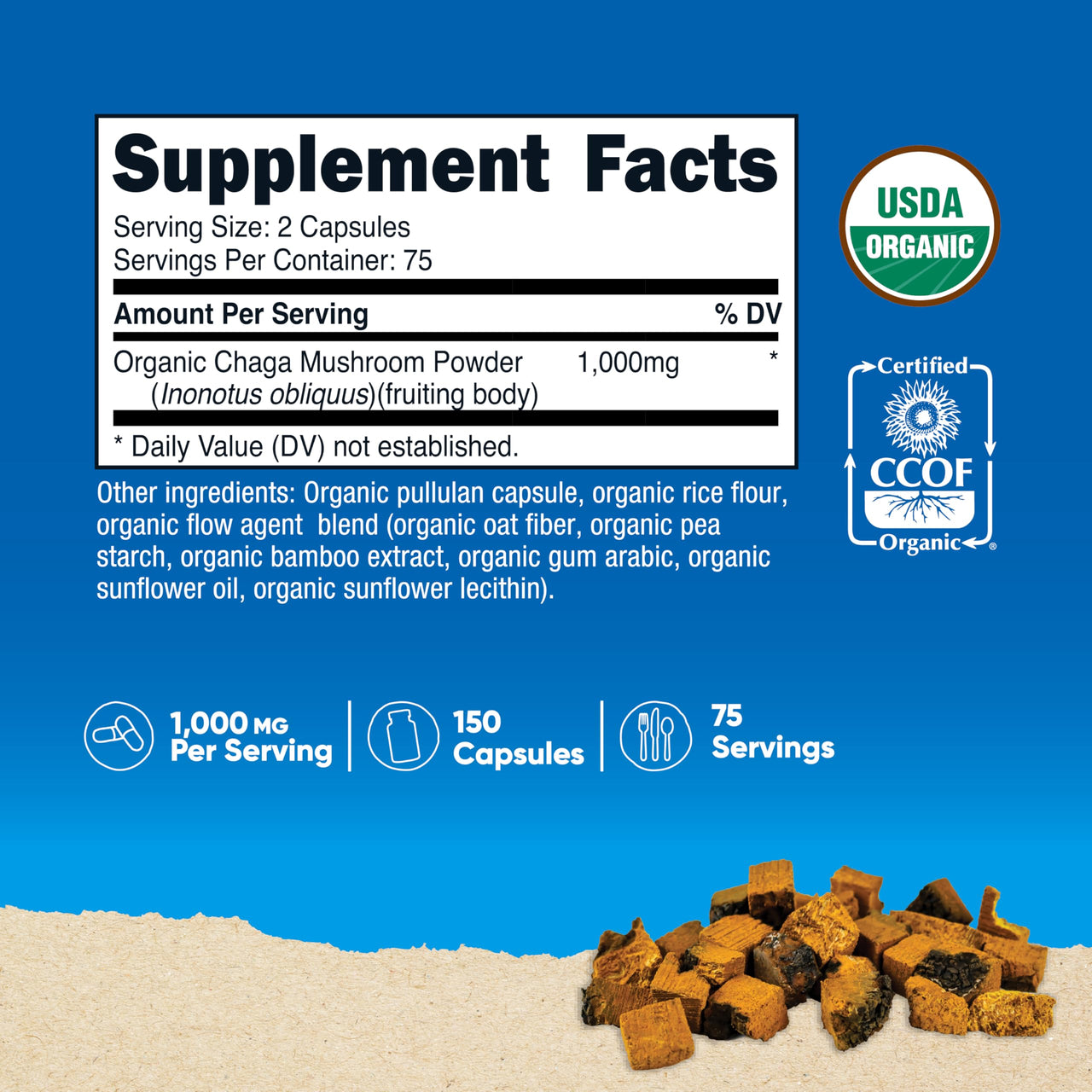 Nutricost Organic Chaga Mushroom Capsules 1000mg, 75 Servings - CCOF Certified Made with Organic Chaga Mushroom, Vegetarian, Gluten Free, 500mg Per Capsule, 150 Capsules
