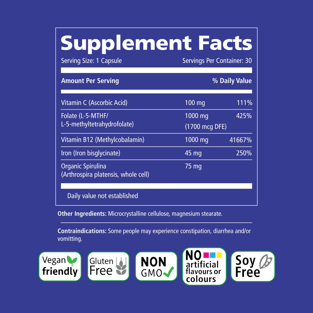 Vitality Power Iron + Spirulina | 45mg Iron | Blood Builder | Iron Deficiency Support | Vegan | All Natural Supplement | Gentle on Stomach | 30 Capsules