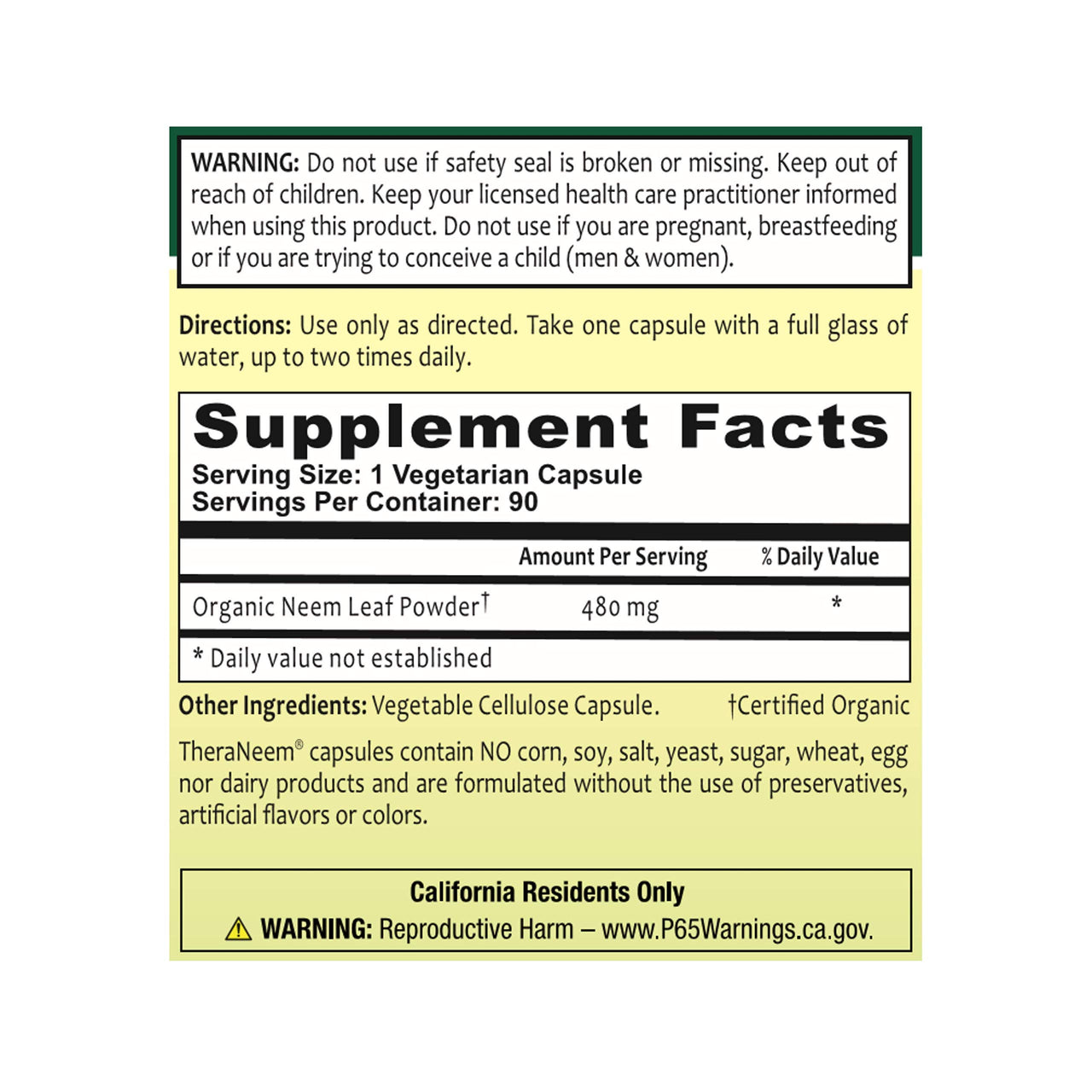 THERANEEM Neem Leaf Capsules - Powerful Nutritive Support with Antioxidants and More - Vegan, Gluten Free, 60 Day Guarantee - 90 Servings, 90 VegCaps
