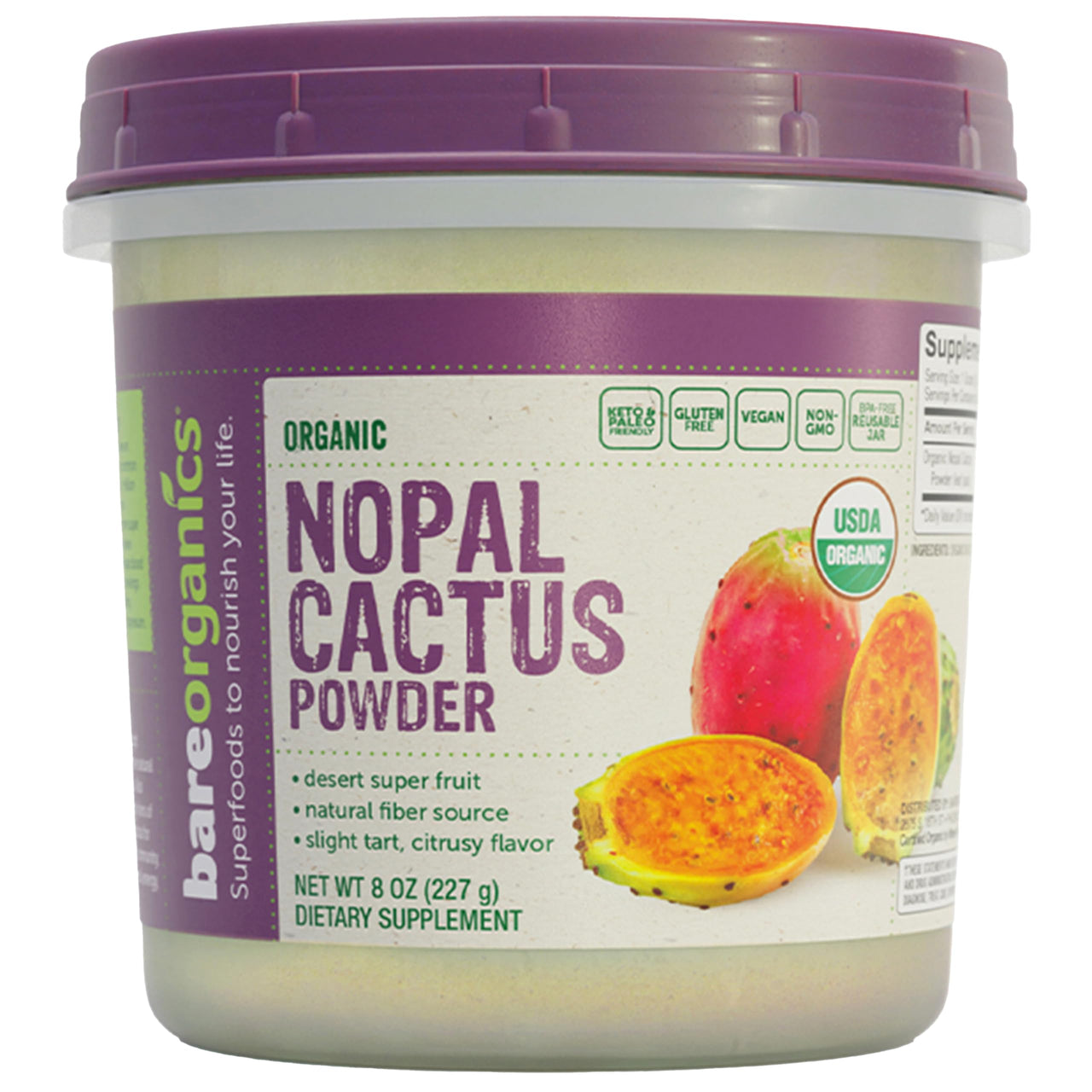 BareOrganics Nopal Cactus Powder - Organic Prickly Pear Cactus, Vegan, Non-GMO, Gluten-Free Superfood - Energy, Digestion & Immunity Support, 8 Oz