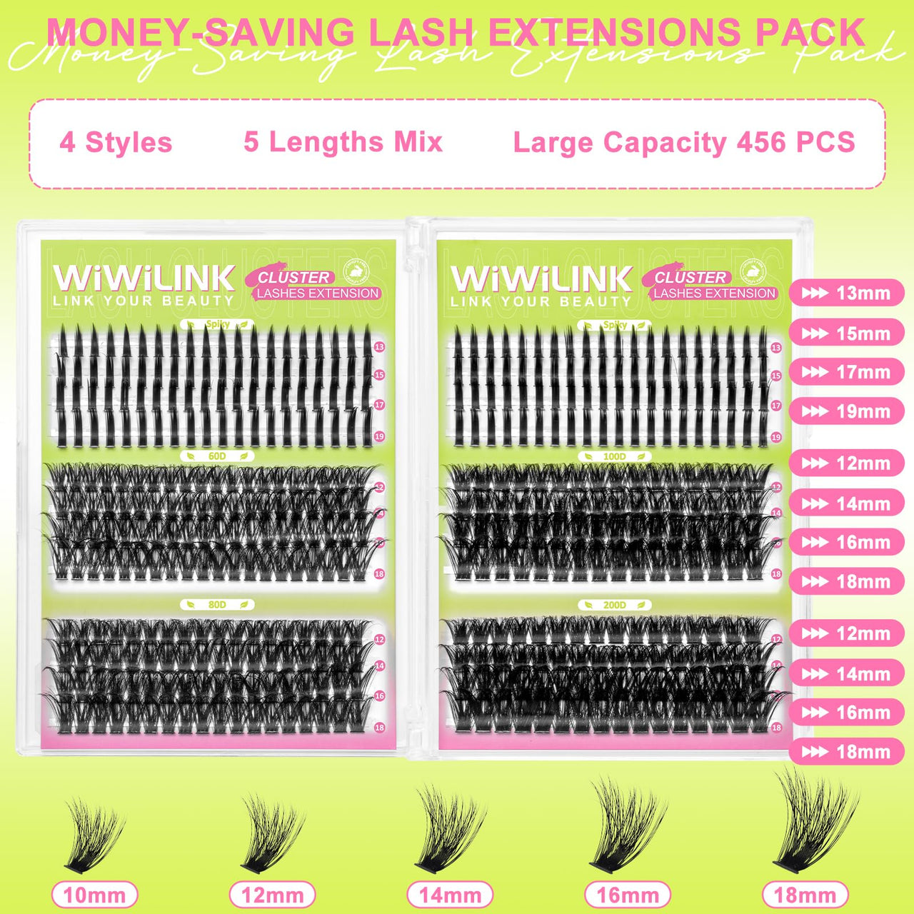 Lash Clusters Kit with Spikes Lashes Clusters Wispy 60D+80D+100D+200D Manga Eyelash Clusters D Curl 456PCS Cluster Eyelash Extensions Volume 12-18mm Individual Anime Lashes Kit Bond&Seal by WiWiLINK
