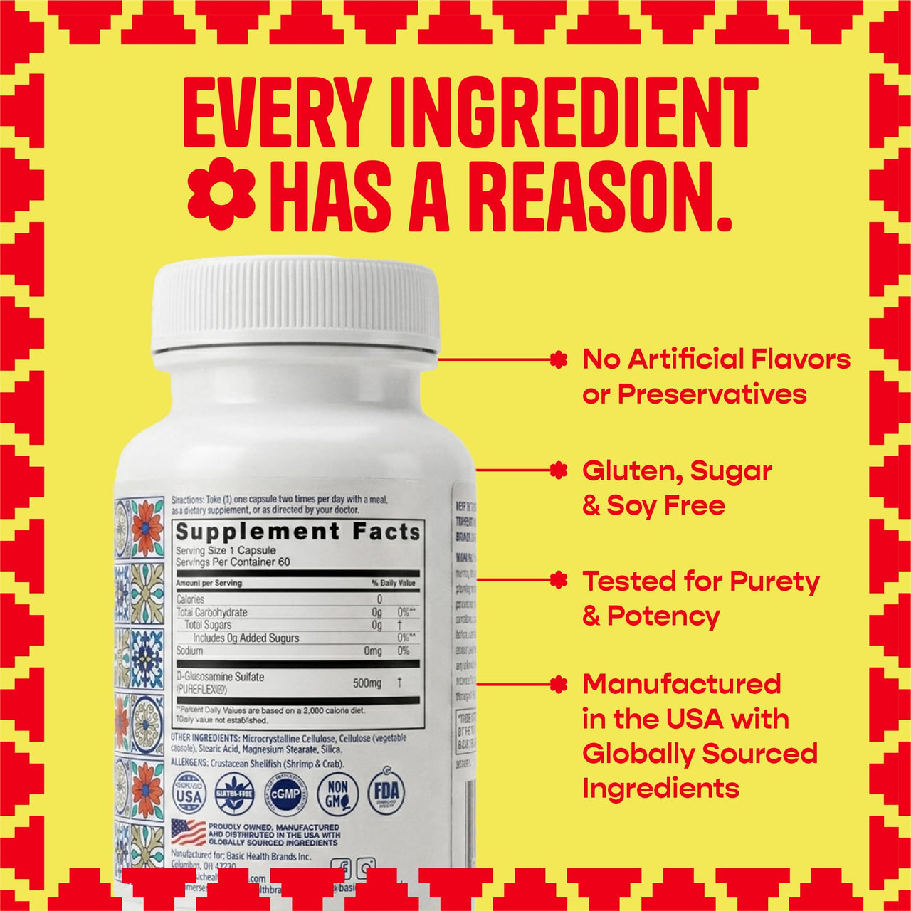 Basic Brands Pura Salud Pureflex Glucosamine Sulfate 500mg â€“ Joints, Vision & Bones Support â€“ Promotes Flexibility, Comfort & Mobility â€“ 60 Capsules, Gluten-Free, Made in USA