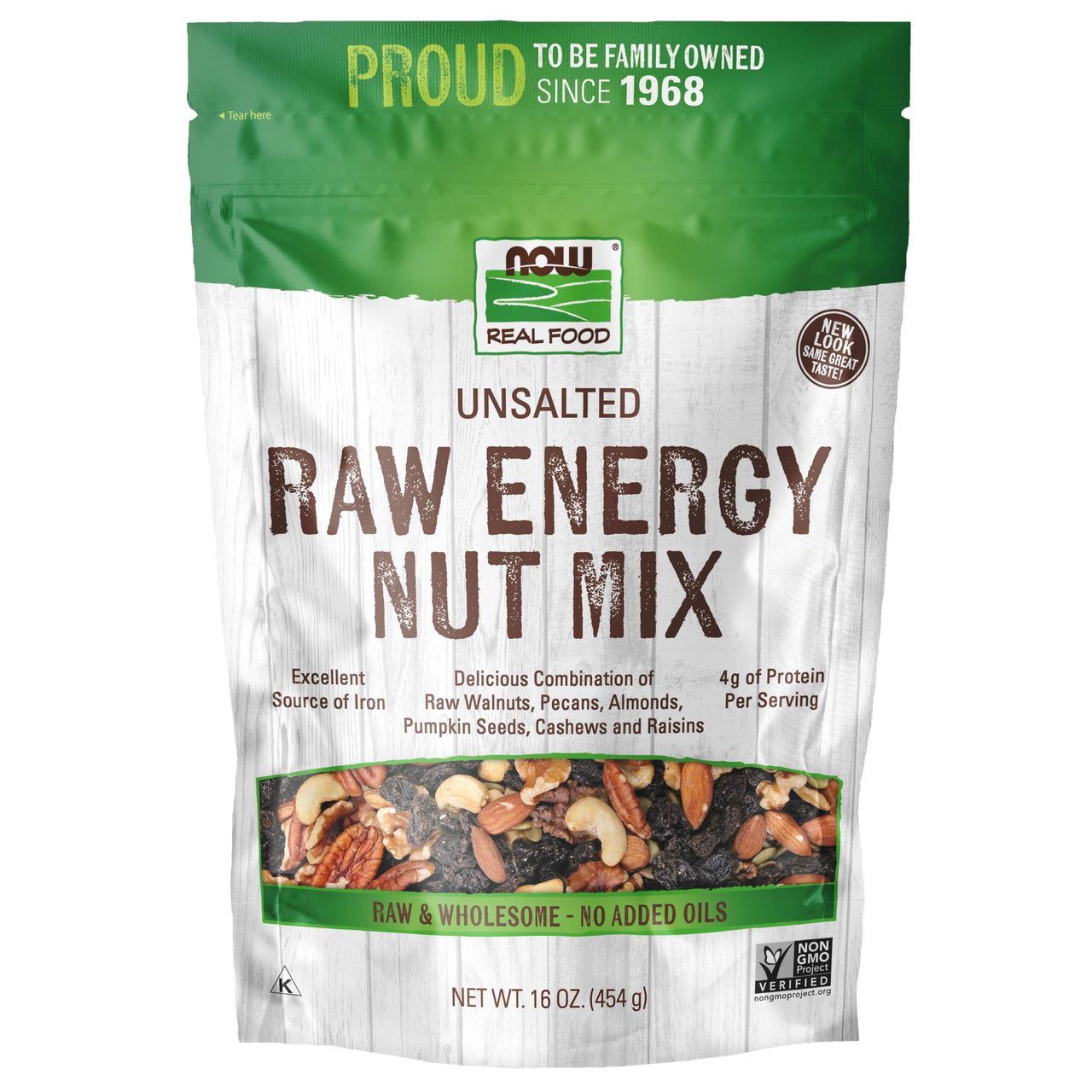 NOW Foods, Raw Energy Nut Mix, Unsalted Mix of Raisins, Walnuts, Peacans, Almonds, Pumpkin Seeds and Cashews, Great-Tasting, Source of Iron, 16-Ounce (Packaging May Vary)