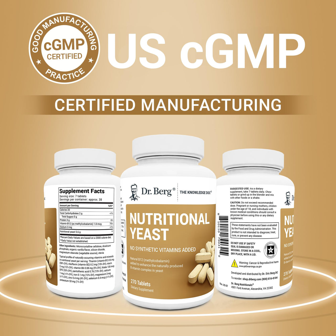 Dr. Berg Nutritional Yeast Tablets – Natural B12 Added - All 8 B Vitamin Complex – Organic Vanilla Flavor - 270 Vegan Tablets Dietary Supplements