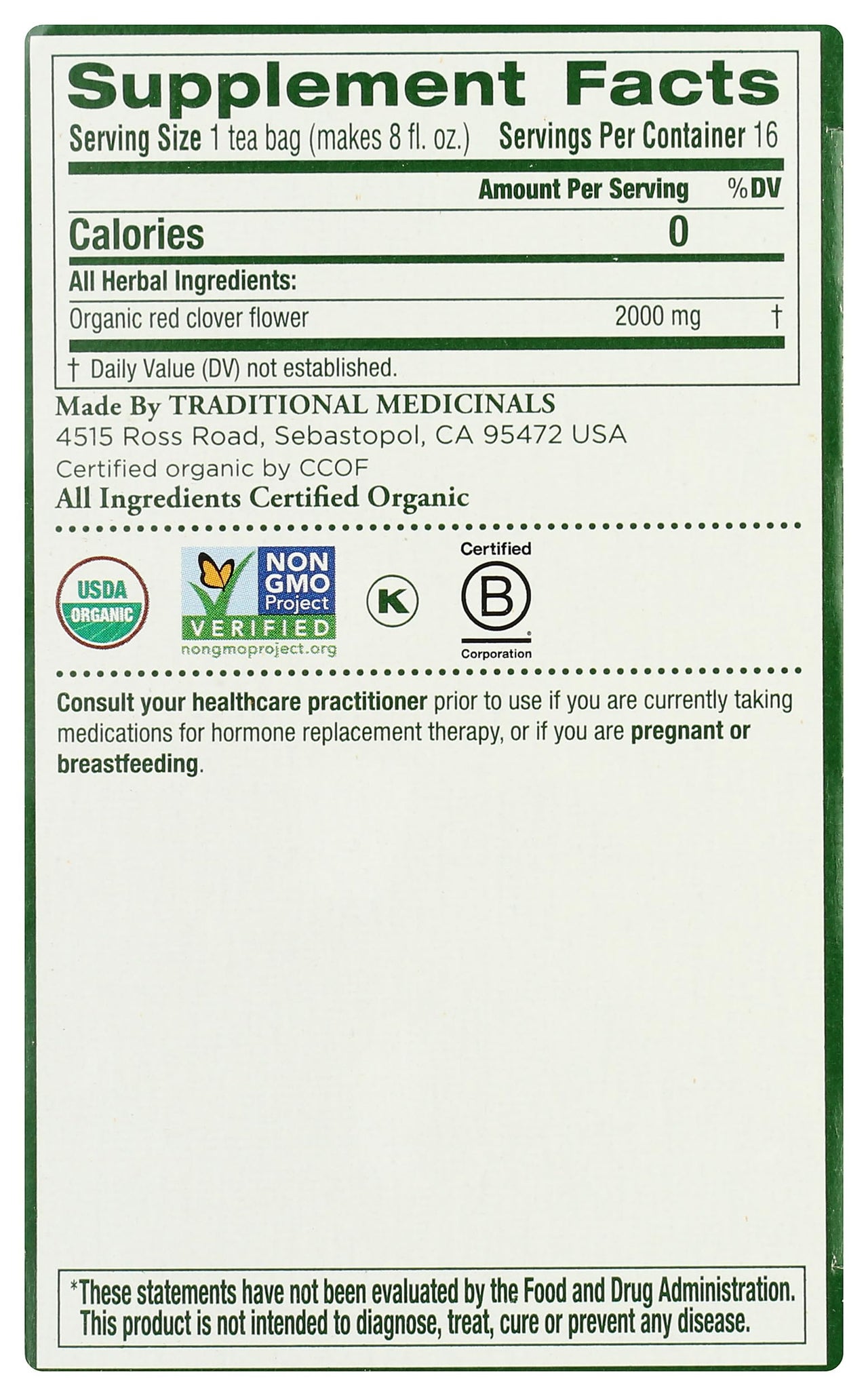 Traditional Medicinals, Tea Herbal Red Clover Organic, 16 Count