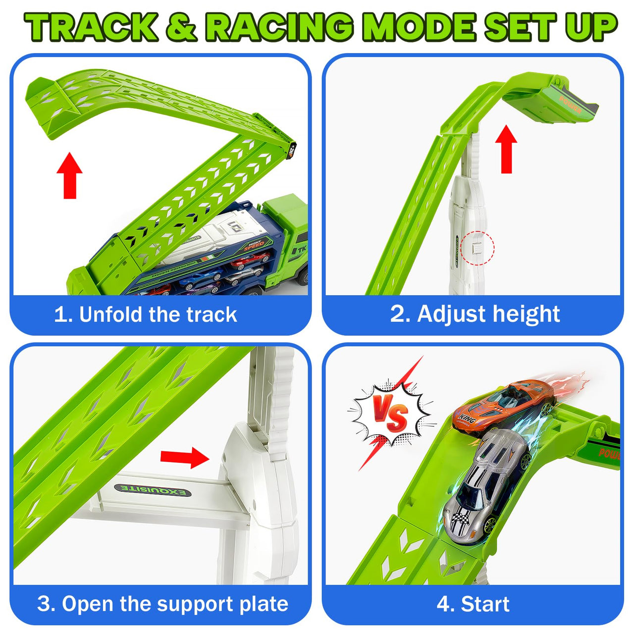 BainGesk Truck Toys Car for 3, 4, 5, 6 Years Old Boys, Carrier Race Truck Toys, Foldable 2 Layer Transport Car Toys with 27 in Race Track and 6 Metal Cars, Birthday Gifts for Toddler Boys Girls