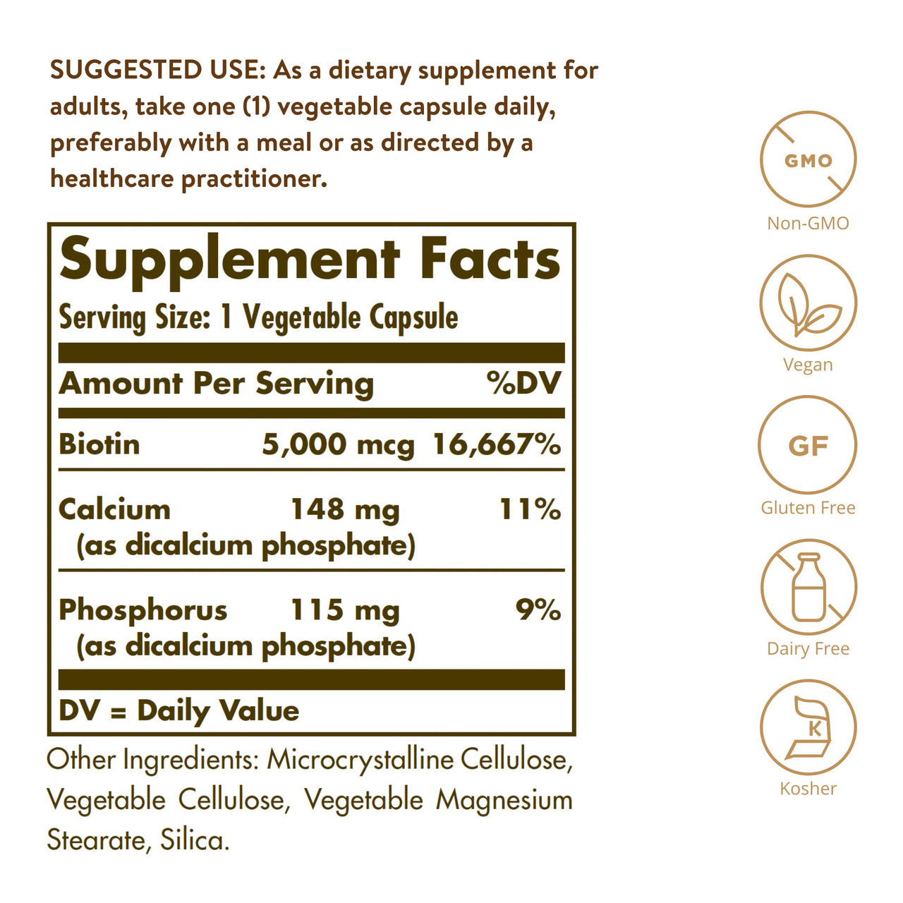 Solgar Biotin 5000 mcg, 100 Veg Caps - Promote Healthy Skin, Nails & Hair - Supports Energy Production, Protein, Carbohydrate & Fat Metabolism - Vitamin B - Non GMO, Vegan, Gluten Free - 100 Servings