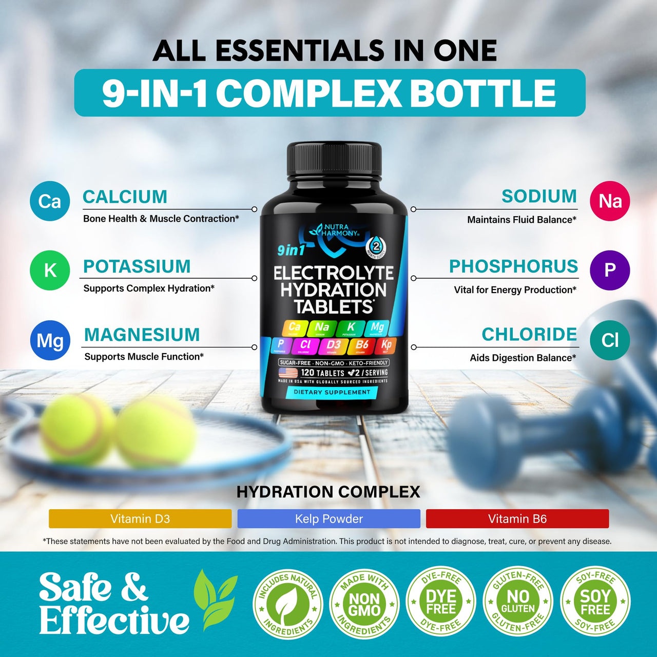 Electrolytes - Electrolyte Tablets with Magnesium, Sodium, Potassium, Chloride, Vitamins D3 & B6, Kelp Powder - Salt Pills - Made in USA - Oral Tablets as Capsules - Vegan & Keto Friendly - 120 Tabs