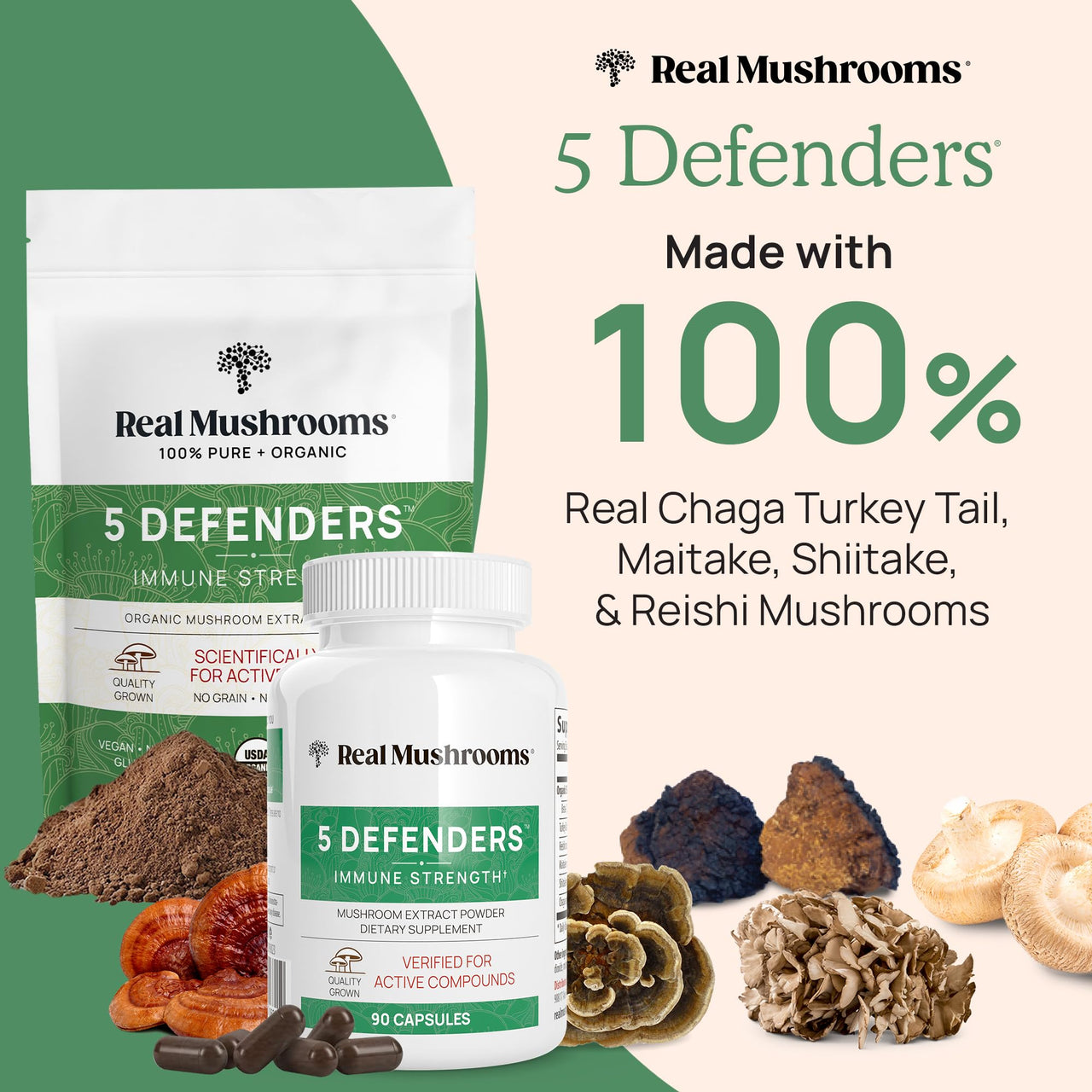 Real Mushrooms 5 Defenders Capsules - Organic Mushroom Extract w/Chaga, Shiitake, Maitake, Turkey Tail, Reishi Supplement for Focus, Immune Support Vegan, Non-GMO, 90 Caps