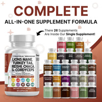 Thumbnail for Clean Nutraceuticals Lions Mane 20in1 Mushroom Supplement with Turkey Tail Reishi Cordyceps Chaga Maitake Meshima Poria Cocos Shiitake Oyster Porcini Enoki - 1 Pack