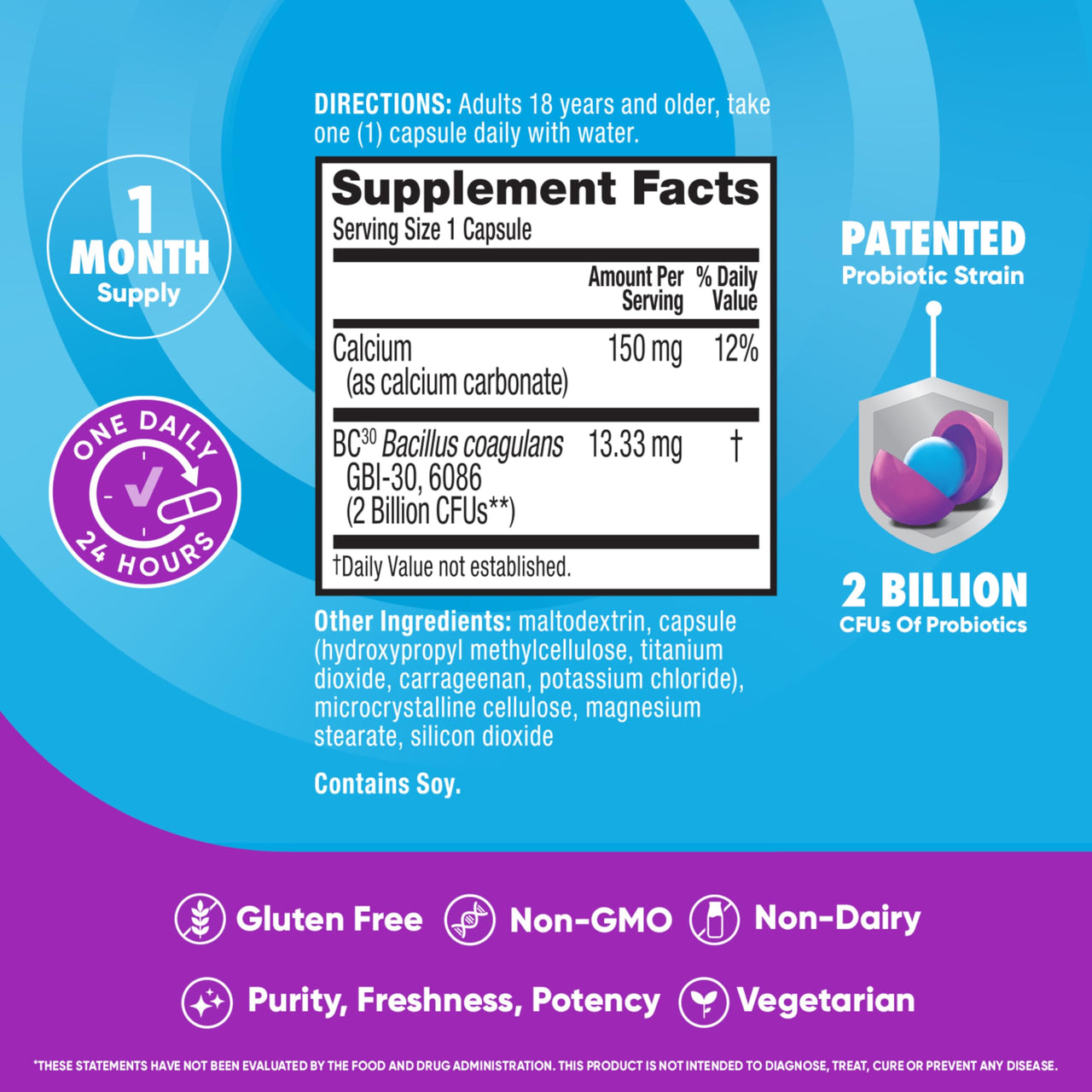 Daily Probiotic Capsule - Digestive Advantage 30 Capsules, Survives 100x Better, Lessens Bloating, Calcium, Promotes Digestive Health and Gut Flora, multi