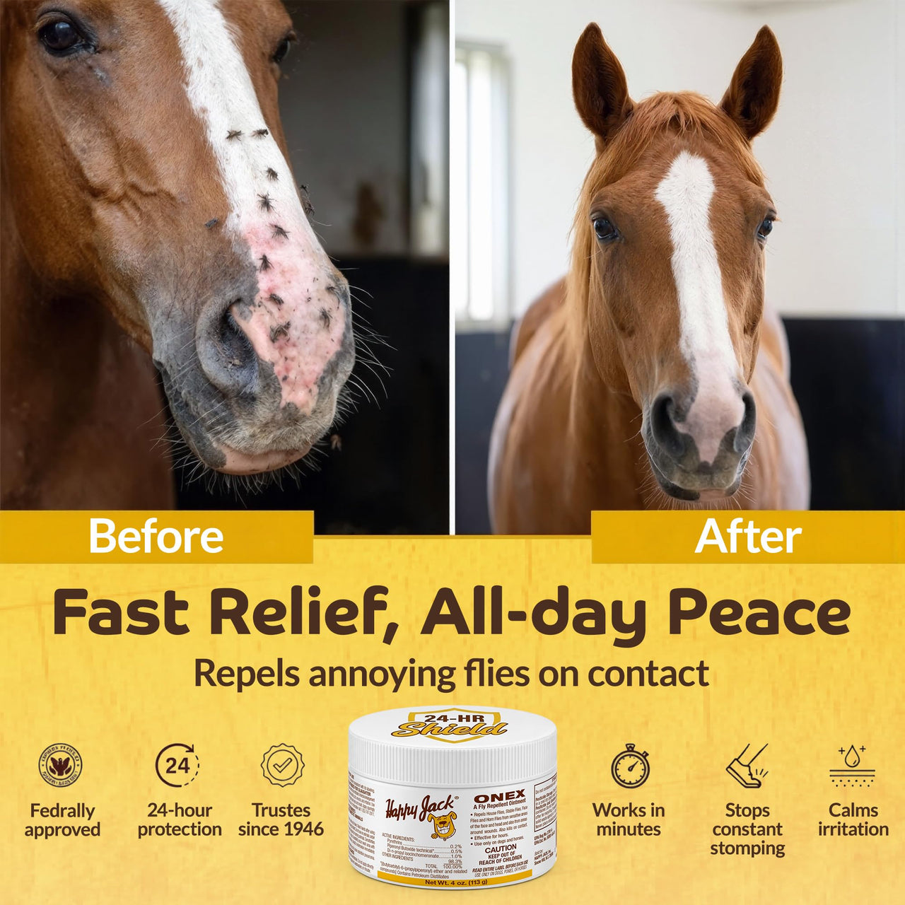 Happy Jack Onex Fly Repellent Ointment for Dogs & Horses, Targeted Wound Dressing that Repels & Kills Flies on Contact, Helps Protect Open Sores, USA, 4 oz Jar