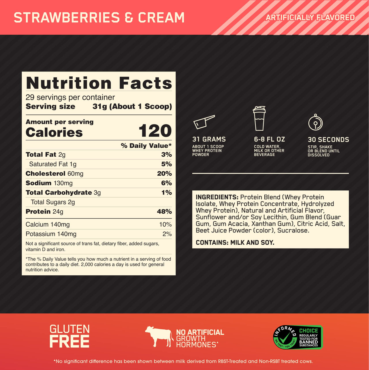 Optimum Nutrition Gold Standard 100% Whey Protein Powder, Strawberries & Cream, 2 Pound (Packaging May Vary)