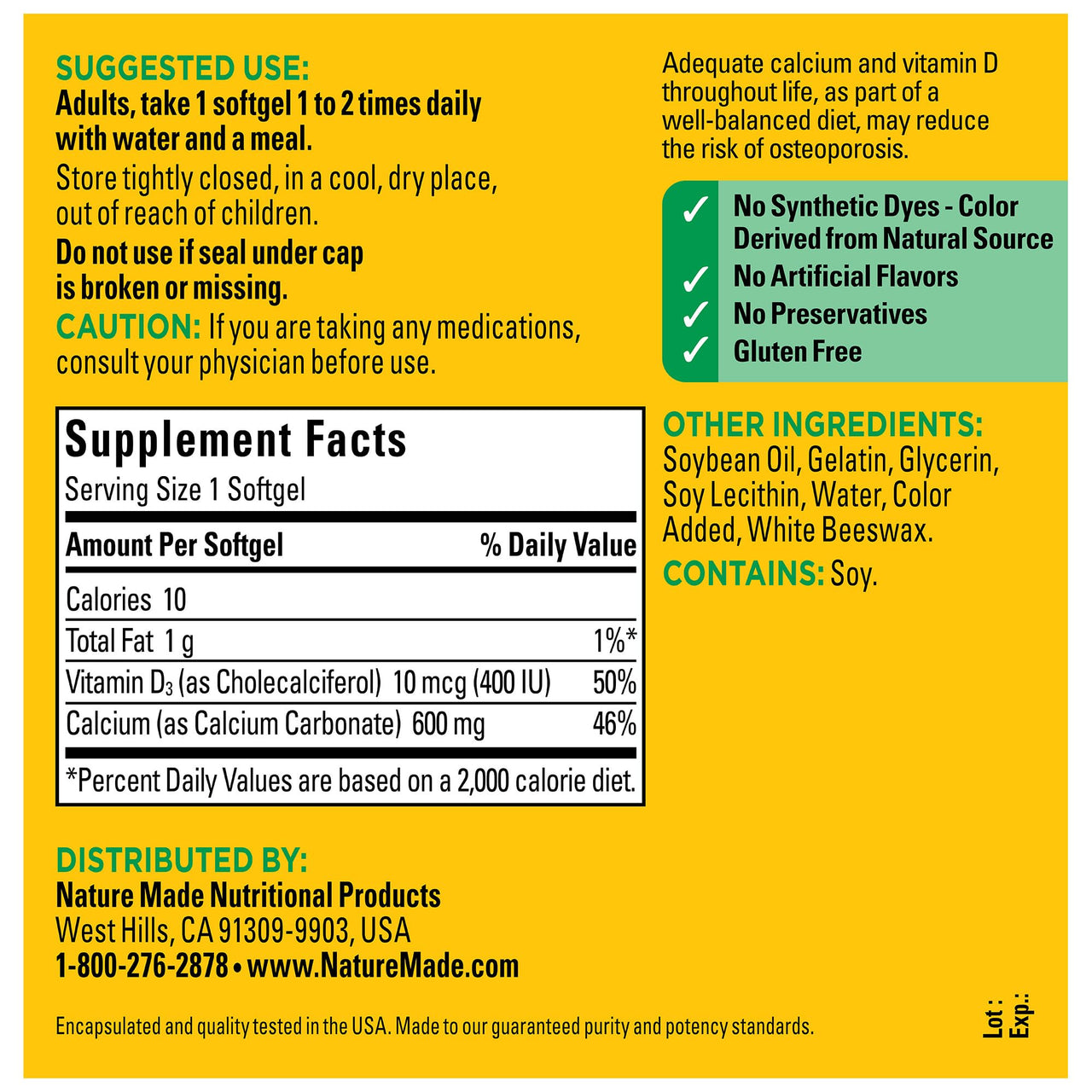 Nature Made Calcium 600 mg with Vitamin D3, Dietary Calcium Supplement for Bone Support, 100 Softgels