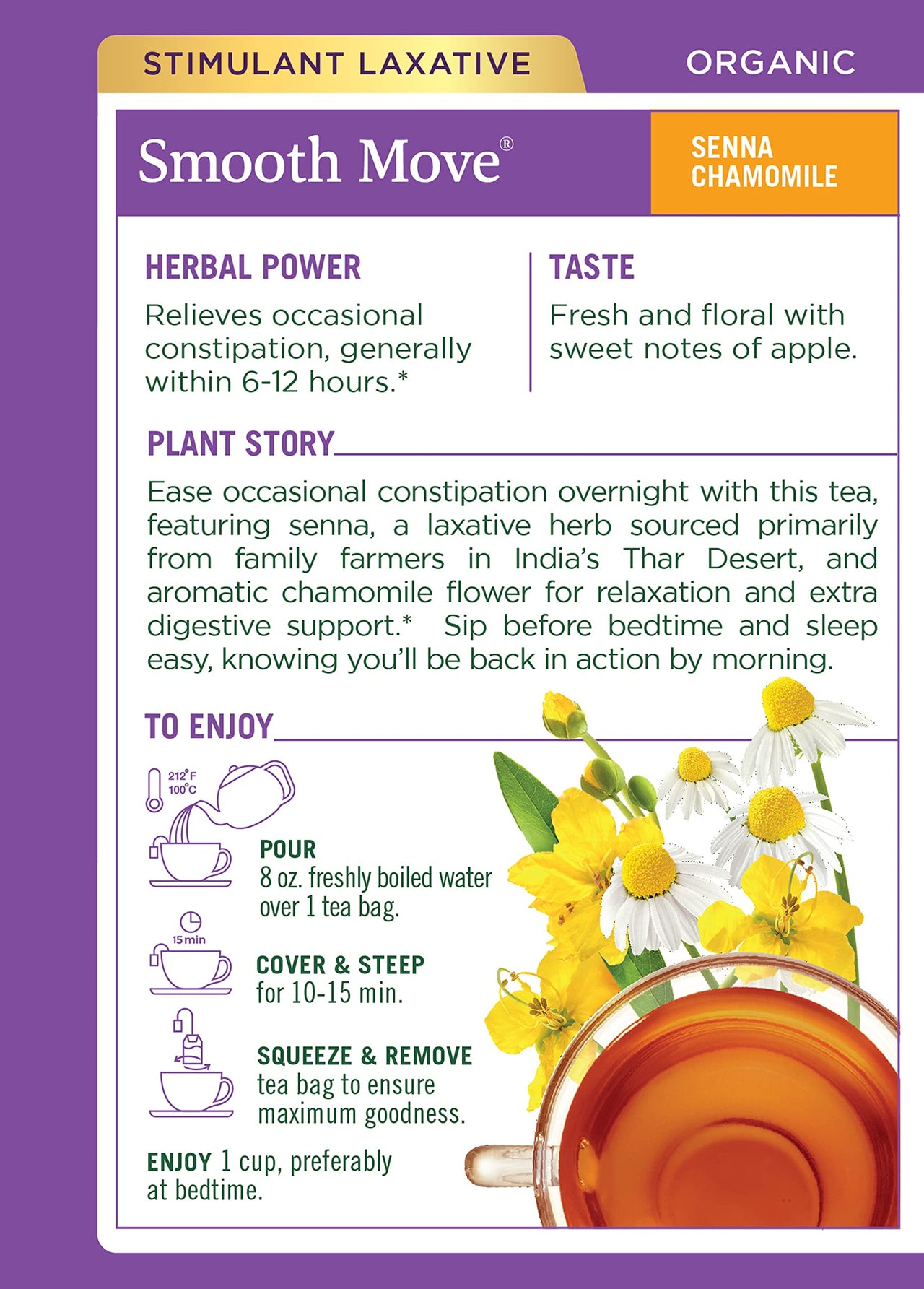 Traditional Medicinals Organic Smooth Move Senna Chamomile Herbal Tea, Relieves Occasional Constipation, (Pack of 1) - 16 Tea Bags