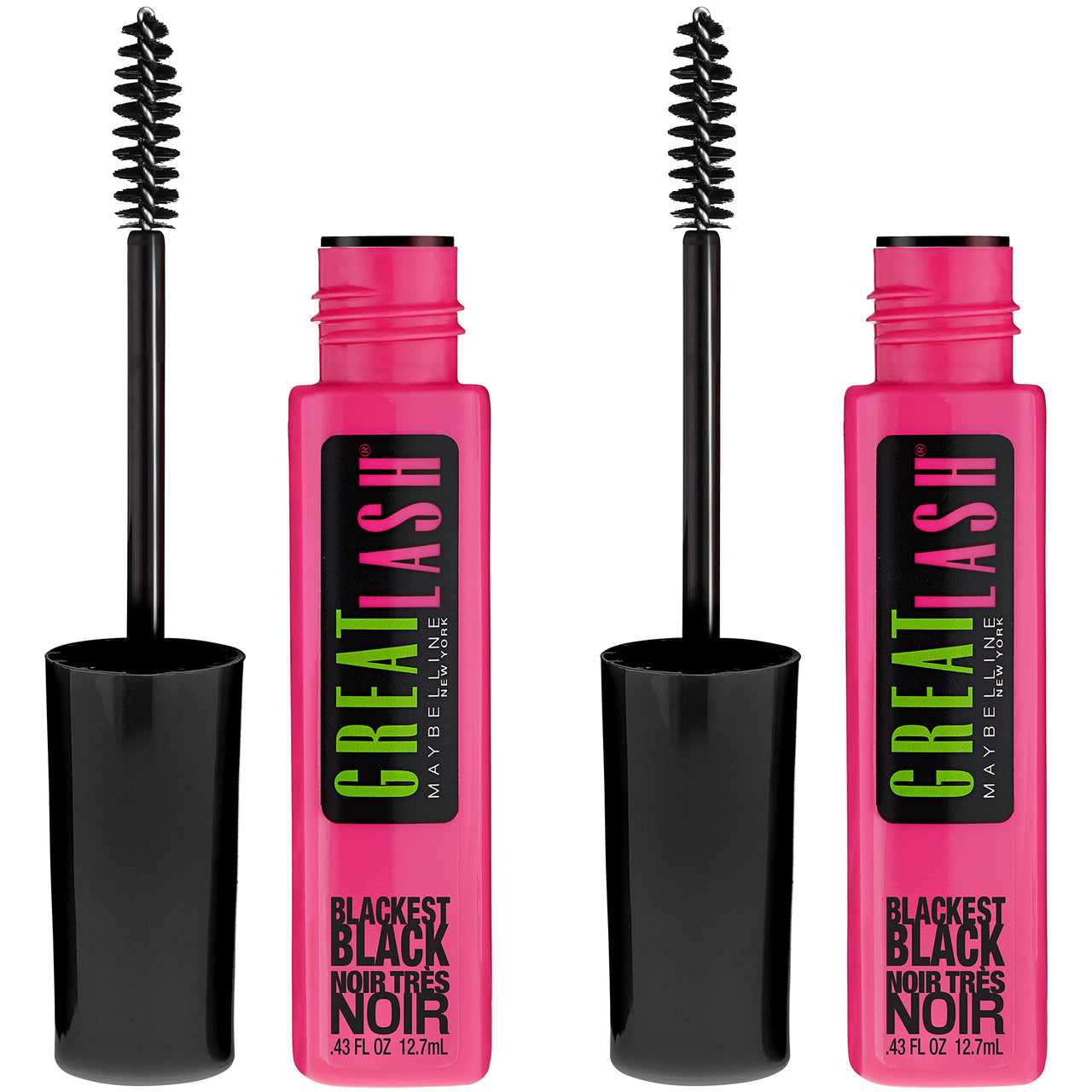 Maybelline Great Lash Washable Mascara Makeup, Volumizing Lash-Doubling Formula That Conditions As It Thickens, Blackest Black, 2 Count