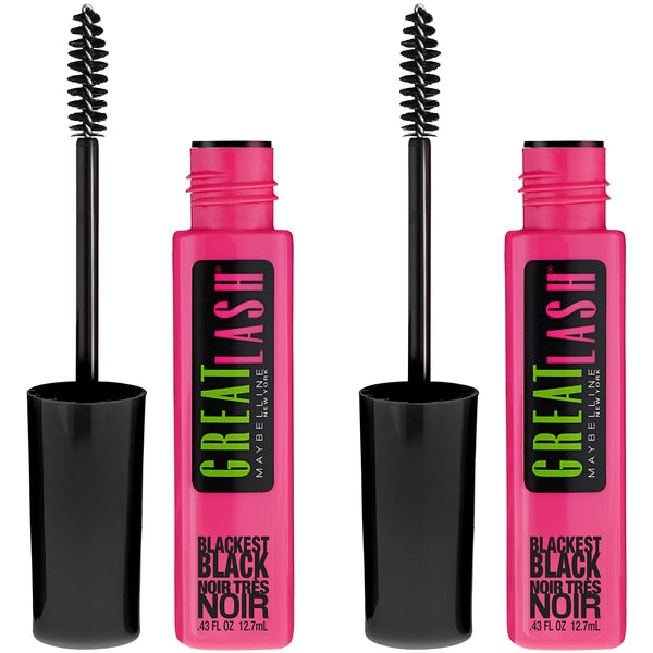 Maybelline Great Lash Washable Mascara Makeup, Volumizing Lash-Doubling Formula That Conditions As It Thickens, Blackest Black, 2 Count