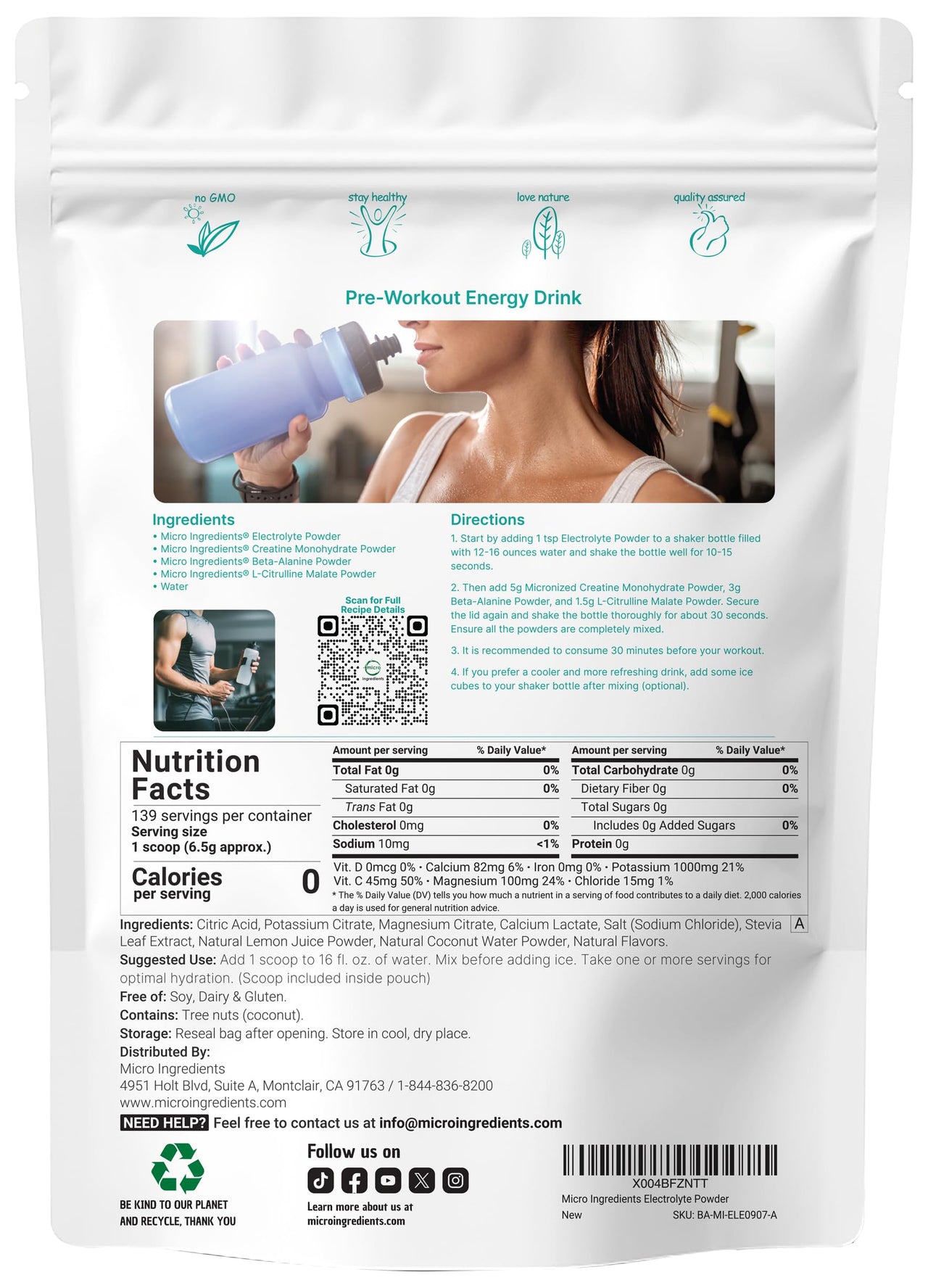 Micro Ingredients Electrolyte Powder, 2 lbs (139 Servings) | Lemon Raspberry Flavor | High Potassium (1,000mg) + Coconut Water & Real Lemon Juice | No Sugar, Keto Friendly | Non-GMO