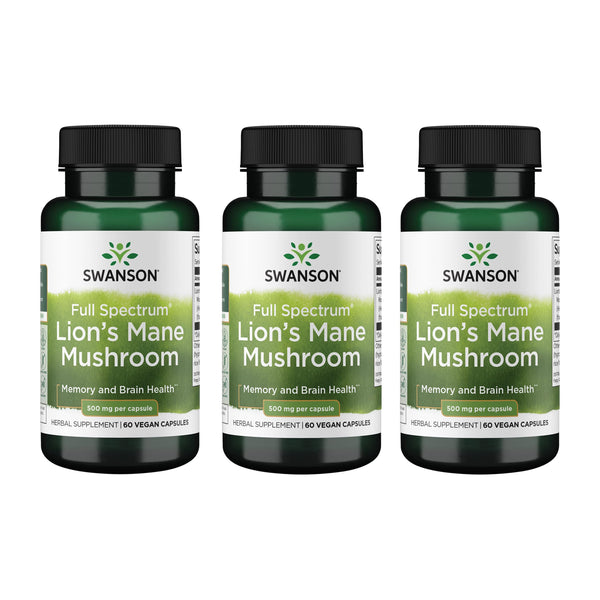 Swanson Lion's Mane Mushroom - Traditional Brain Booster Supplement Made from Hericium Erinaceus (60 Capsules, 500mg Each) 3 Pack