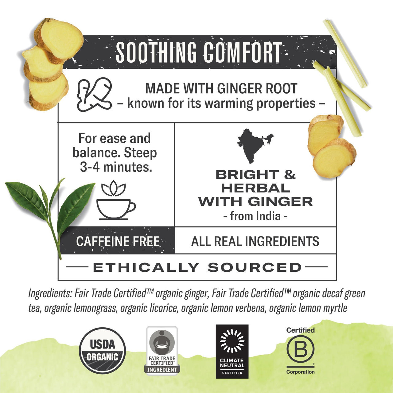 Numi Organic Ginger Lemon Decaf Tea, 16 Green Tea Bags with Ginger Root and Lemongrass