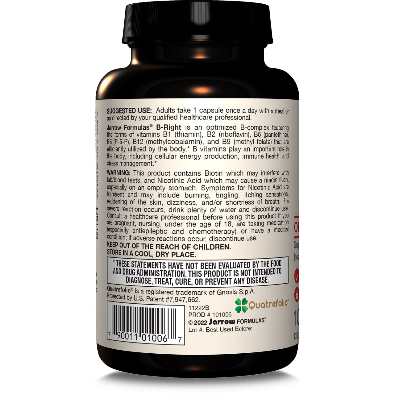 Jarrow Formulas B-Right, Optimized B Complex Featuring Vitamin B1, B2, B5, B6, B12 and B9 to Support Cellular Energy, Immune Health and Stress Management, 100 Veggie Capsules, Up to a 100 Day Supply