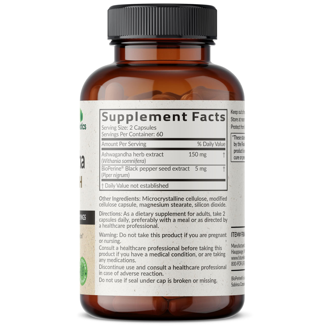 Futurebiotics Ashwagandha Extra Strength Stress & Mood Support with BioPerine - Non GMO Formula, 120 Vegetarian Capsules