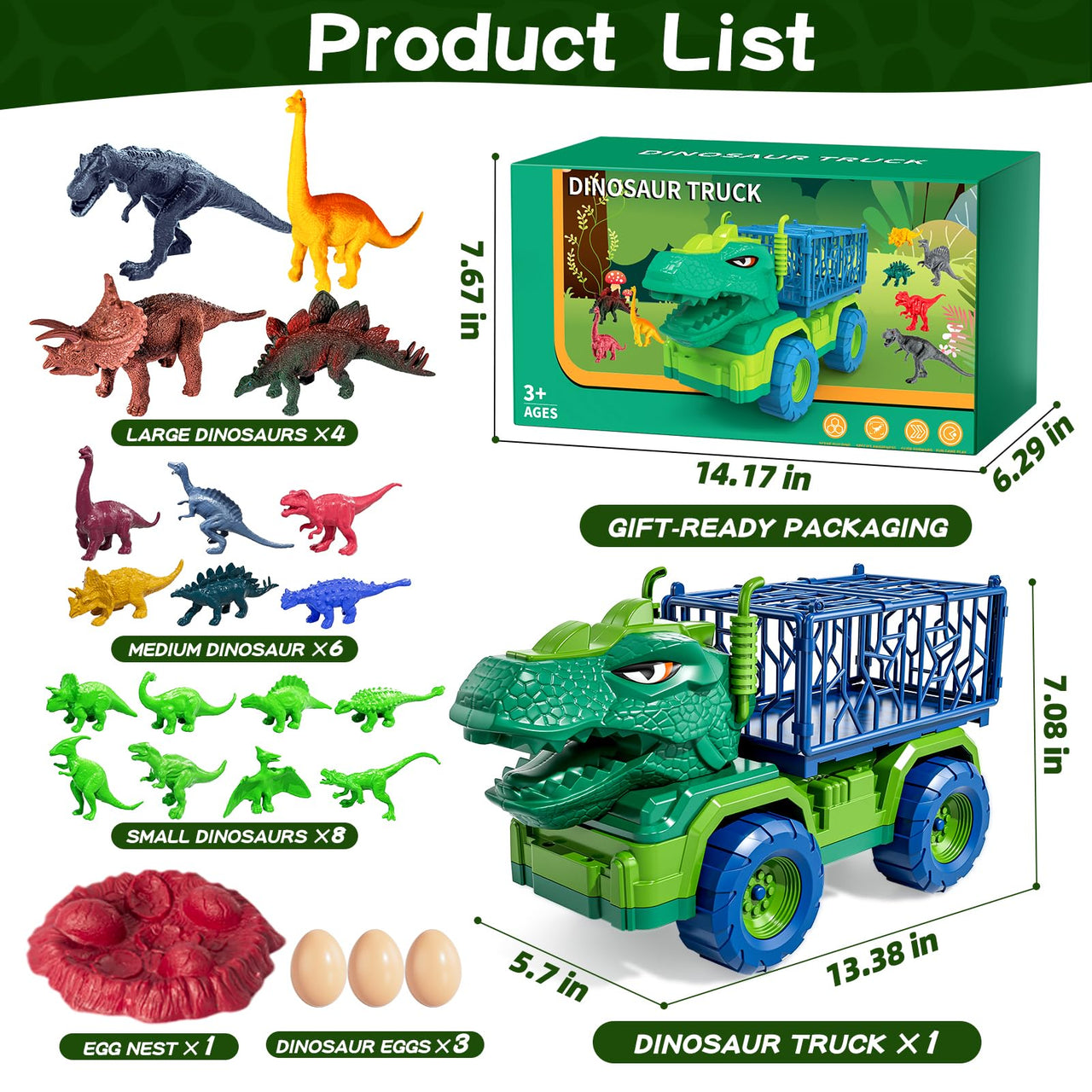 Guminnara 22 in 1 Toddler T-rex Dinosaur Truck Toy Set for Kids Boys 3-5 5-7, Tyrannosaurus Carrier Transport Truck with 18 Jurassic Dino Figures Birthday Toy for Boys Girls 3 4 5 6 7 Years Old