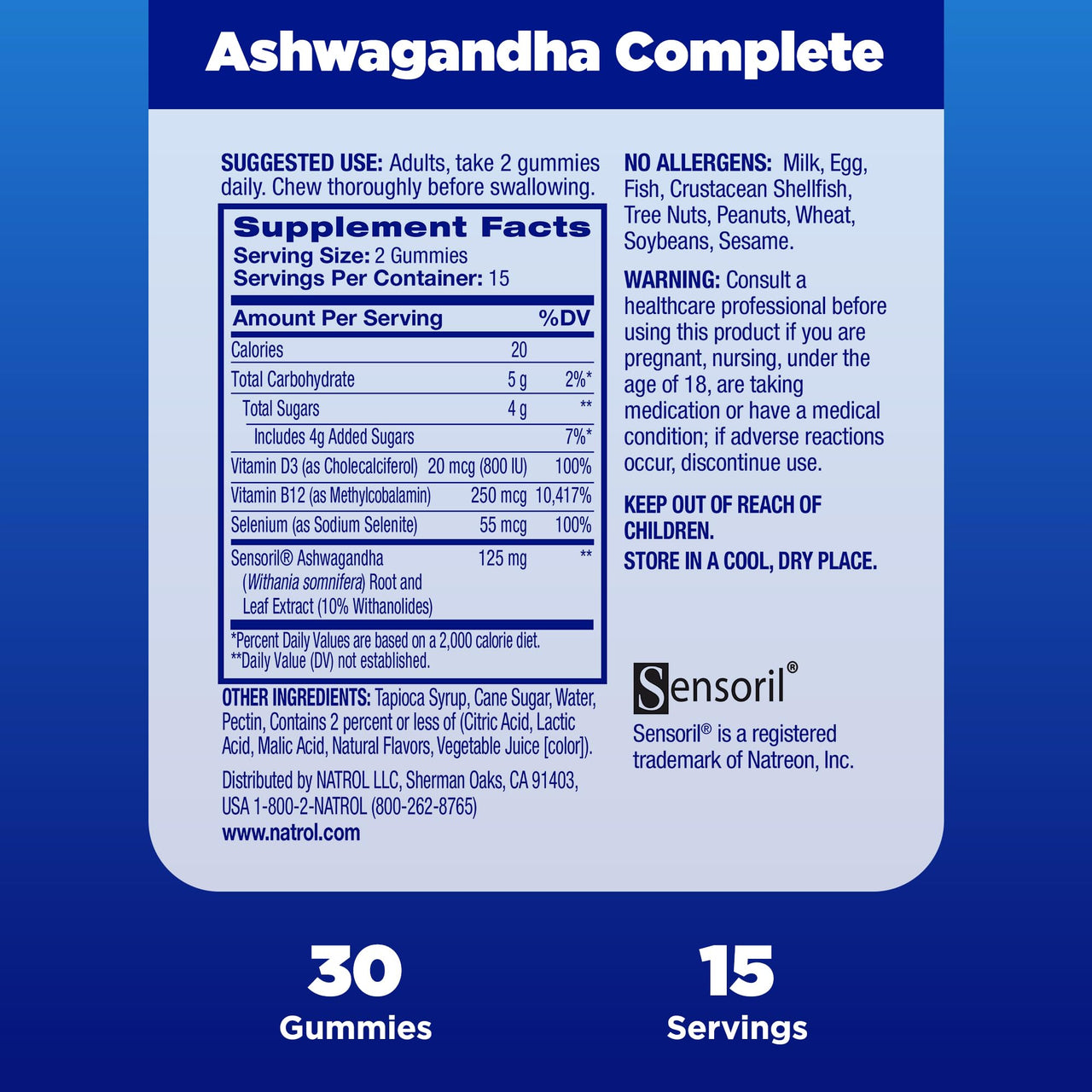 Natrol Ashwagandha Complete Gummy, 3-in-1 Daily Stress Support, Supports Better Mood, Reduces Occasional Stress and Fatigue, 30 Gummies, Up to a 15 Day Supply