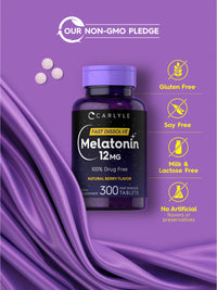 Thumbnail for Carlyle Melatonin 12 mg Fast Dissolve 300 Tablets | Drug Free | Natural Berry Flavor | Vegetarian, Non-GMO, Gluten Free
