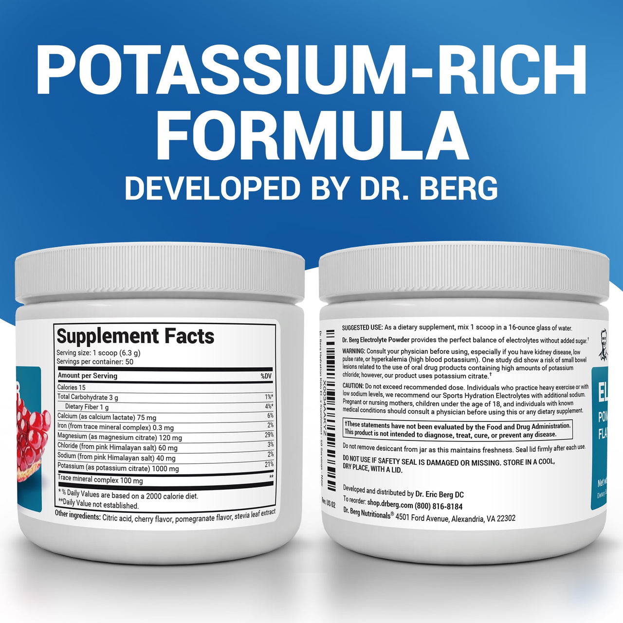 Dr. Berg Zero Sugar Hydration Keto Electrolyte Powder - Enhanced w/ 1000 mg of Potassium & Real Pink Himalayan Salt (NOT Table Salt) - Pomegranate and Cherry Hydration Drink Supplement - 50 Servings