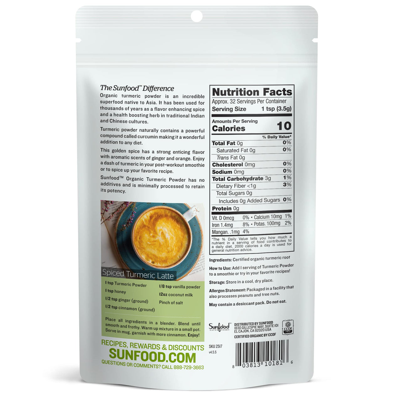 Sunfood Organic Turmeric Powder - Turmeric Powder Organic, Ground Turmeric Powder, Curcuma Supplement, Pure Ground Spice for Health, Seasoning, Curcumin, Organic Turmeric Root Powder - 4 oz Bag