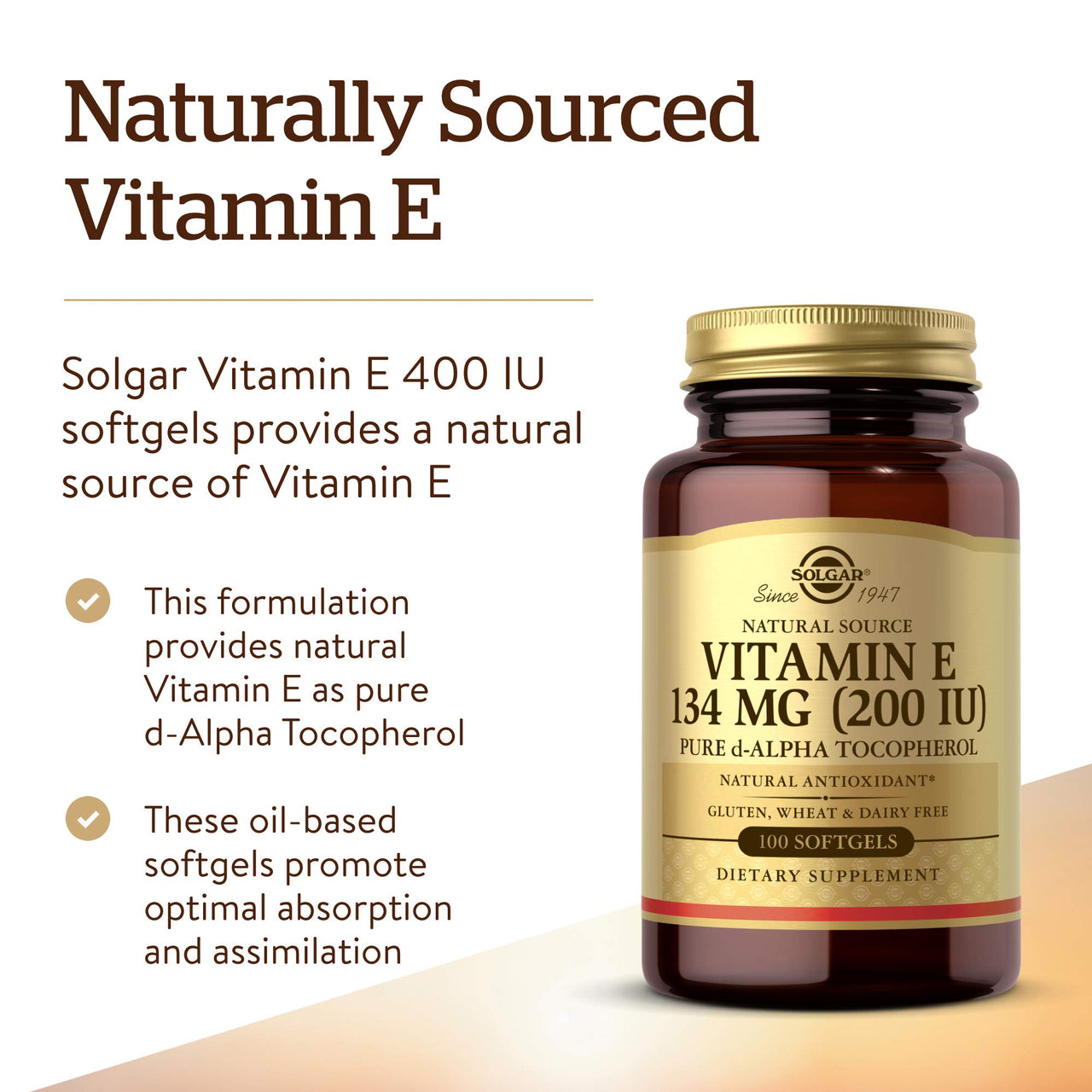 Solgar Vitamin E 200 IU Alpha, 100 Softgels - Antioxidant, Healthy Aging, Healthy Skin, Immune System Support - Natural Source Vitamin E - Gluten Free, Dairy Free - 100 Servings