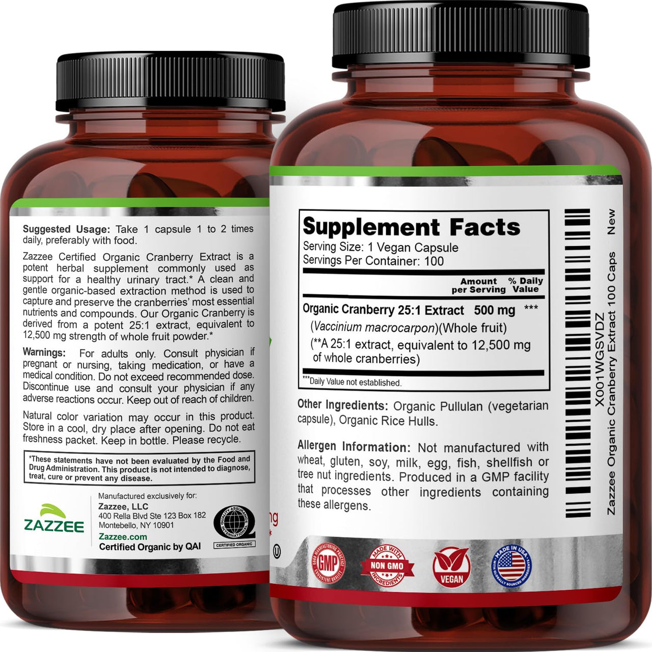 Zazzee USDA Organic Cranberry 25:1 Extract, 500 mg per Capsule, 100 Vegan Capsules, 3+ Month Supply, Certified Kosher, Standardized, Concentrated 25X Extract, 100% Vegetarian, Non-GMO, Made in the USA