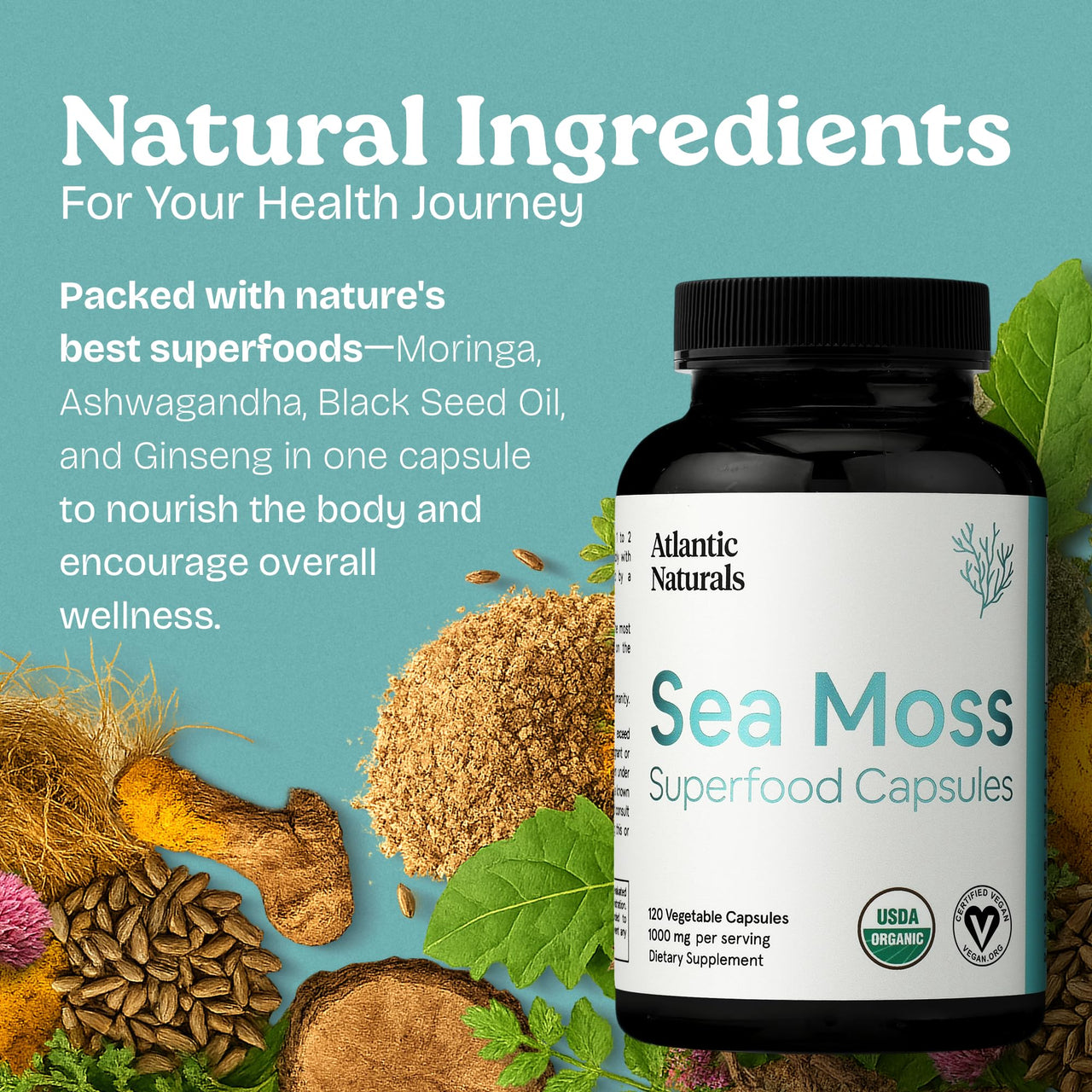 Atlantic Naturals Superfood Organic Irish Sea Moss Capsules - 120 Veggie Capsules | Wildcrafted Organic Sea Moss Supplement for Men & Women | Better Than Sea Moss Gel | Support Immunity & Skin, 1000mg
