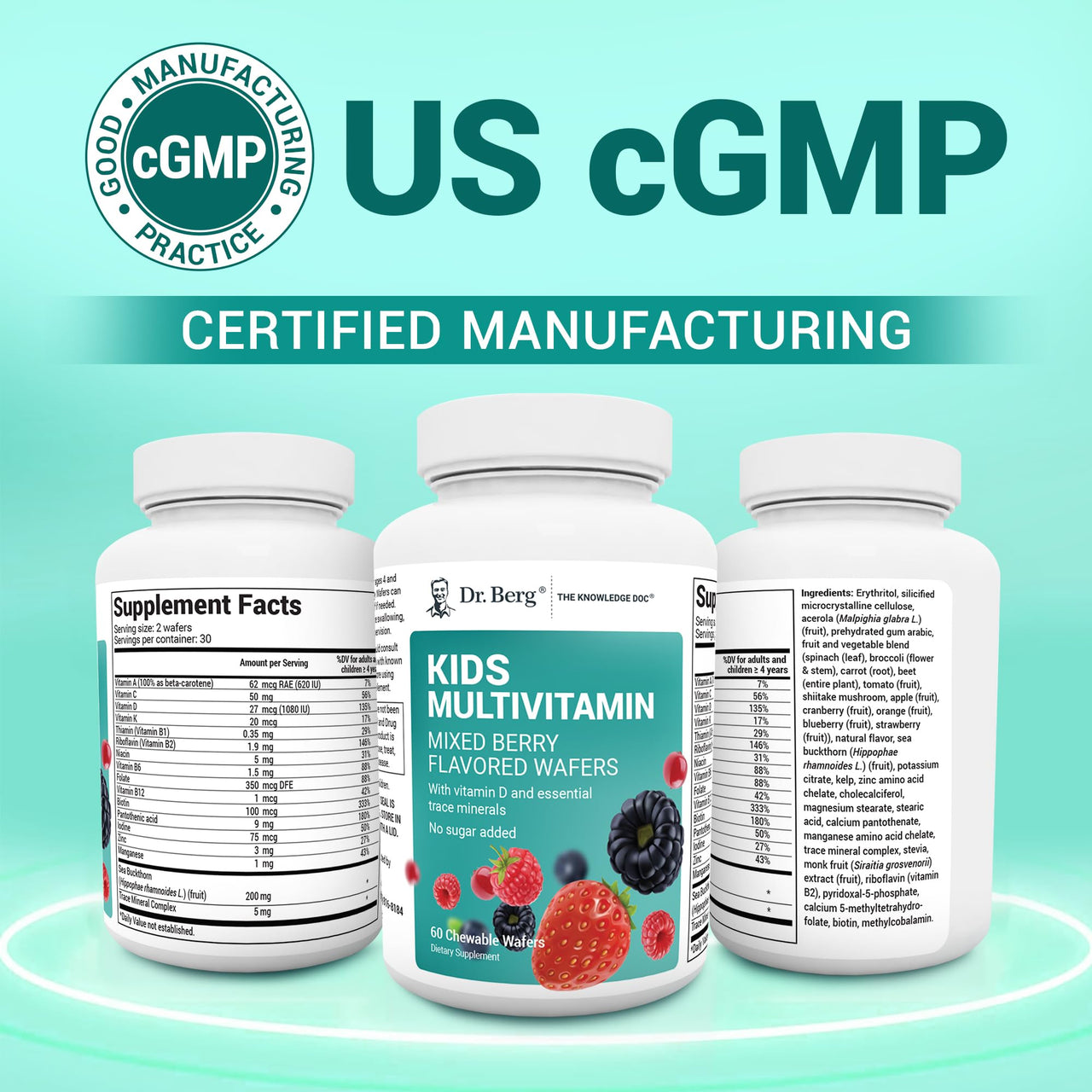 Dr. Berg Kids Chewable Multivitamins (NOT Sweetened w/Sugar) - Daily Multivitamin for Kids That Includes 20 Nutrients & Trace Mineral Complex - Mixed Berry Chewable Vitamins for Kid - Brown Wafers