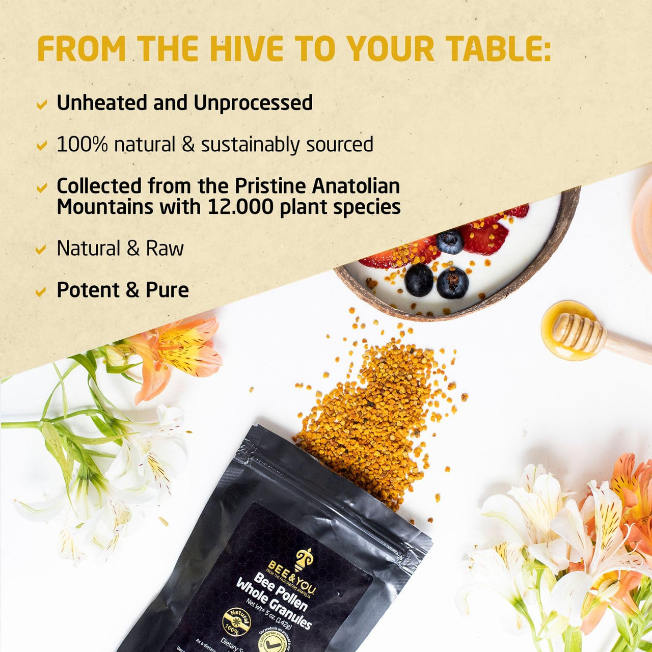 BEE and You Bee Pollen Granules, 5oz Bag, 100% Pure, Natural Supplement, Antioxidants, Proteins, Vitamins, Amino Acids, for Adults, Women, Men