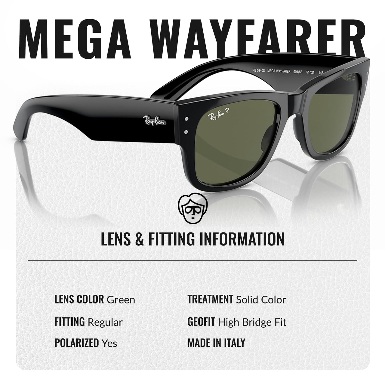 Ray-Ban RB0840S MEGA WAYFARER Polarized Square Shape Sunglasses With Eyewear Kit Bundle - High Bridge Fit - Formal and Casual Wear Square Sunglasses