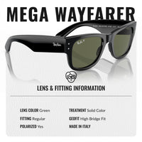 Thumbnail for Ray-Ban RB0840S MEGA WAYFARER POLARIZED Square Shaped Sunglasses for Men & Women – Includes Official Rayban Eyewear Kit – Ideal Formal & Casual Wear Sunglasses – Green Lens