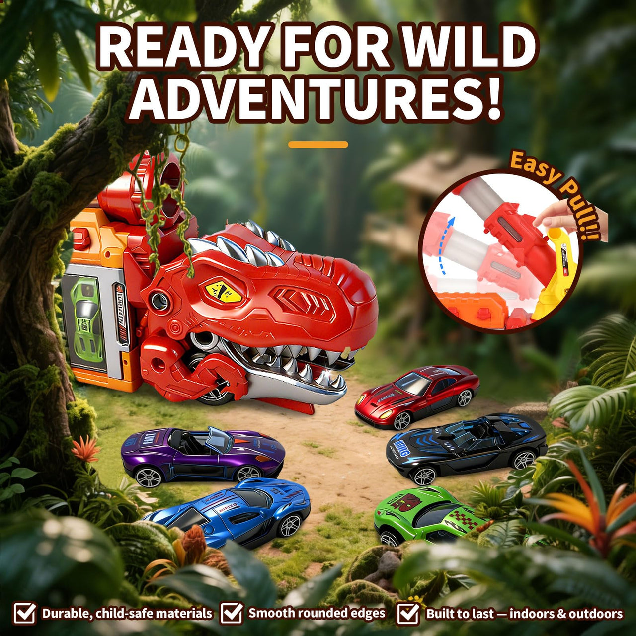 LUCKFUTURE Dinosaur Truck Toy, Red T-Rex with Car Launcher - Shoots Matchbox Cars & Balls, Action Play Dino Truck Gift for Boys Girls 3-7 Years Old