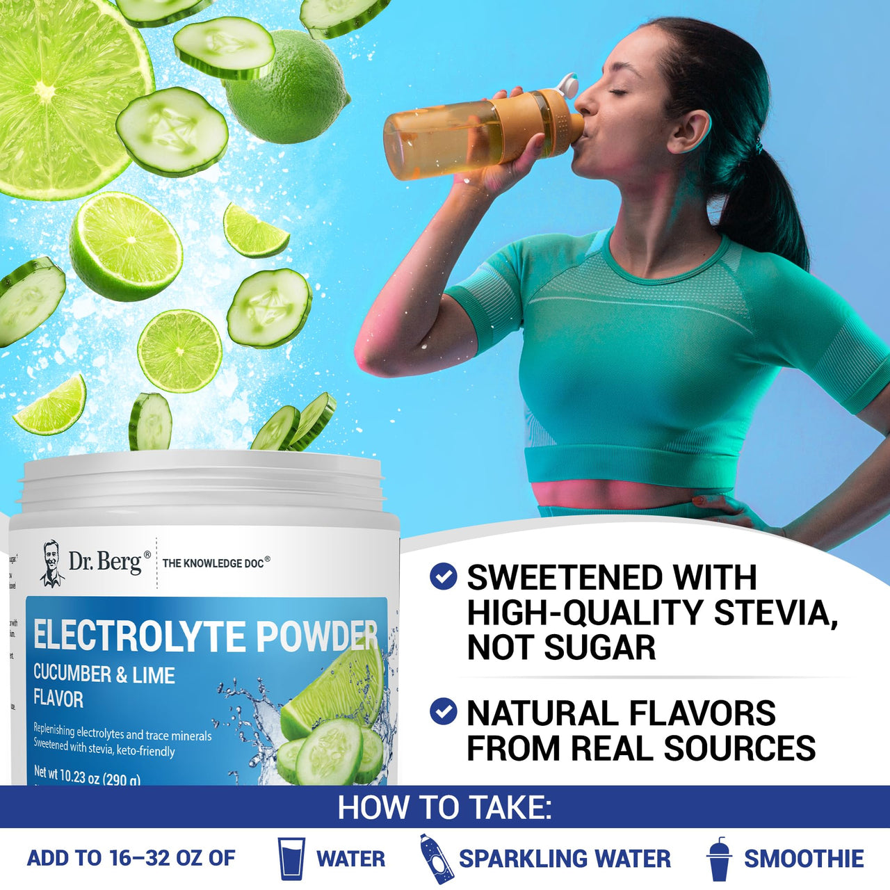 Dr. Berg Zero Sugar Hydration Keto Electrolyte Powder - Enhanced w/ 1000 mg of Potassium & Real Pink Himalayan Salt (NOT Table Salt) - Cucumber Lime Flavor Hydration Drink Mix Supplement - 50 Servings