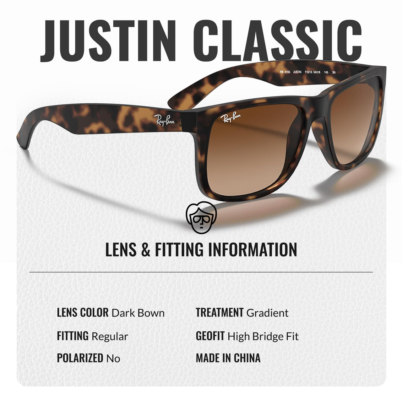 Ray-Ban RB4165 JUSTIN Classic Square Shape Sunglasses With Eyewear Kit Bundle - High Bridge Fit - Ideal Formal and Casual Wear Square Sunglasses