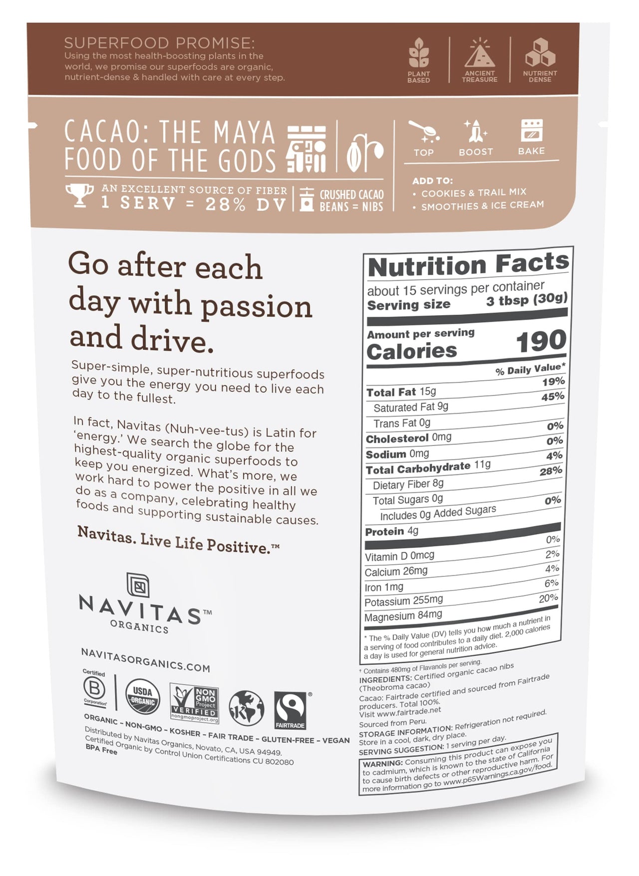 Navitas Naturals, Cacao Nibs Raw Organic, 16 Ounce