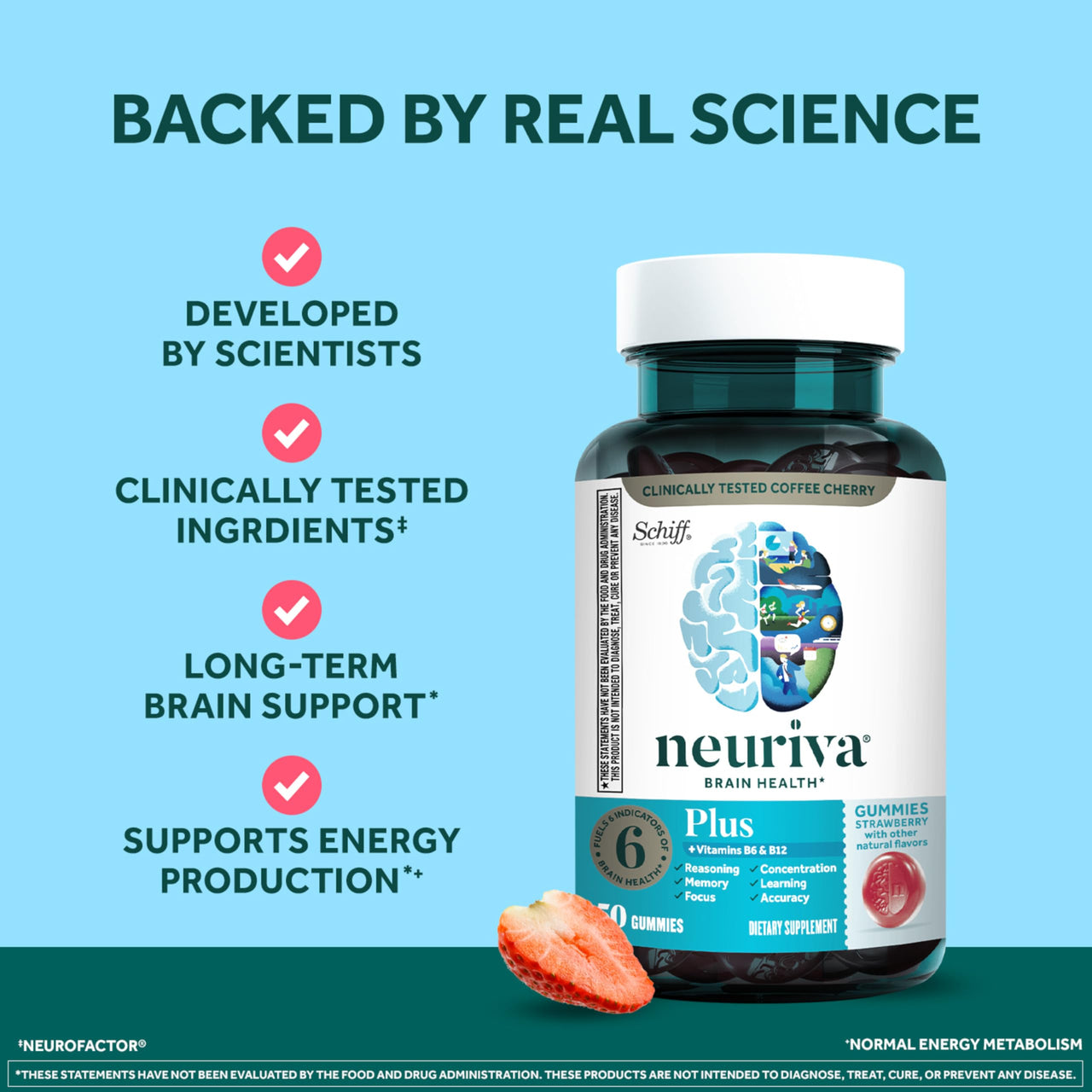 NEURIVA Plus Decaffeinated Nootropic Brain Supplement for Memory, Focus & Concentration & Cognitive Function, Clinically Tested NeuroFactor, Phosphatidylserine, Vitamins B6 B12,50ct Strawberry Gummies
