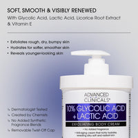 Thumbnail for Advanced Clinicals 10% Glycolic Acid + Lactic Acid Lotion Exfoliant Moisturizing Cream With Hyaluronic Acid Moisturizer | AHA Exfoliating Body Cream Improves Look Of Uneven Rough Skin Texture, 16 Oz