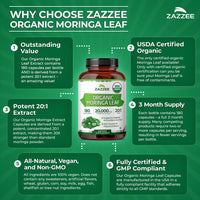 Thumbnail for Zazzee USDA Organic Moringa Leaf 20:1 Extract, 180 Vegan Capsules, 3 Month Supply, Certified Kosher, Moringa Oleifera, Antioxidant, Immune & Cellular Support, Superfood Supplement, Made in the USA