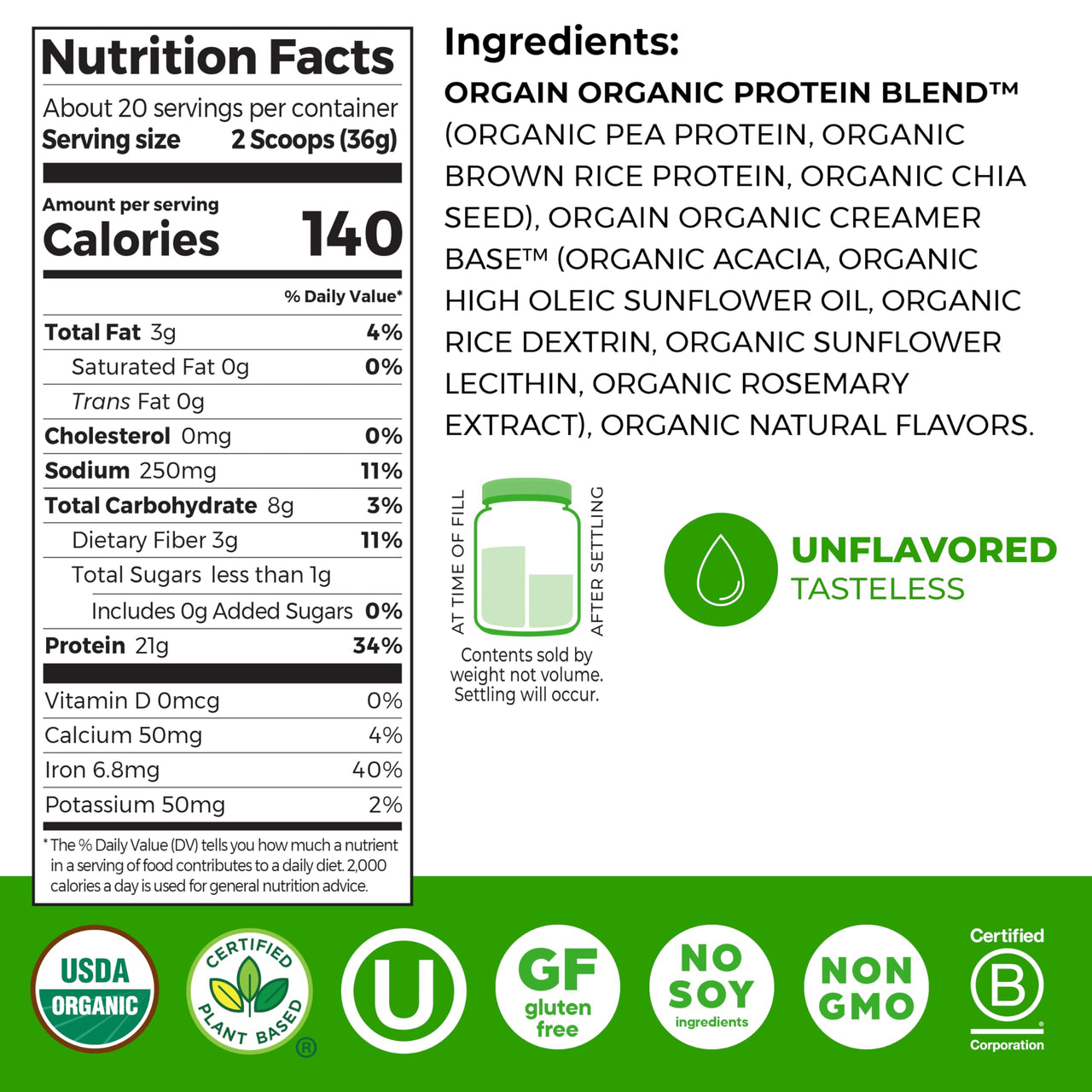 Orgain Organic Vegan Protein Powder, Natural Unsweetened - 21g of Unflavored Plant Protein, 4g Prebiotic Fiber, Low Net Carbs, No Added Sugar, Non-GMO, For Shakes & Recipes, 1.59 lb