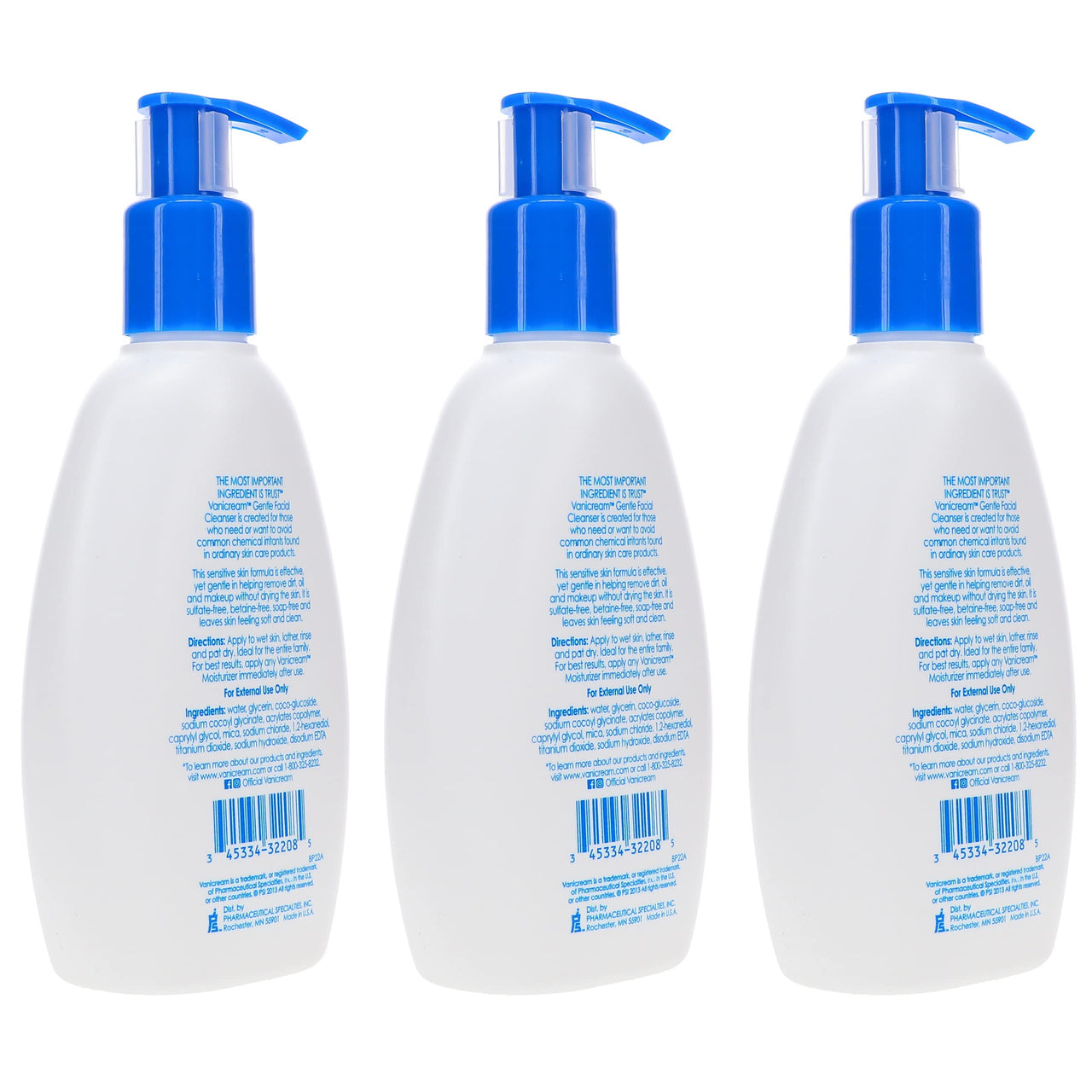 Vanicream Gentle Facial Cleanser for Sensitive Skin, 8 Oz (Pack of 3), Unscented, 24 Fl Oz