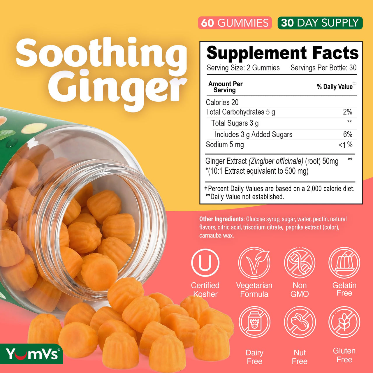 YUM-V'S YumVs Ginger Gummies, 500 mg Ginger Root Extract, Peach Flavor, Nausea Relief, Digestion & Immune Support, Vegan, Non-GMO, Gelatin-Free (60 Count)