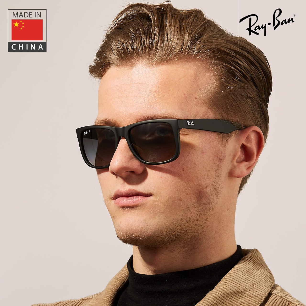 Ray-Ban RB4165 JUSTIN Polarized Square Shape Sunglasses With Eyewear Kit Bundle - Low Bridge Fit - Ideal Formal and Casual Wear Square Sunglasses