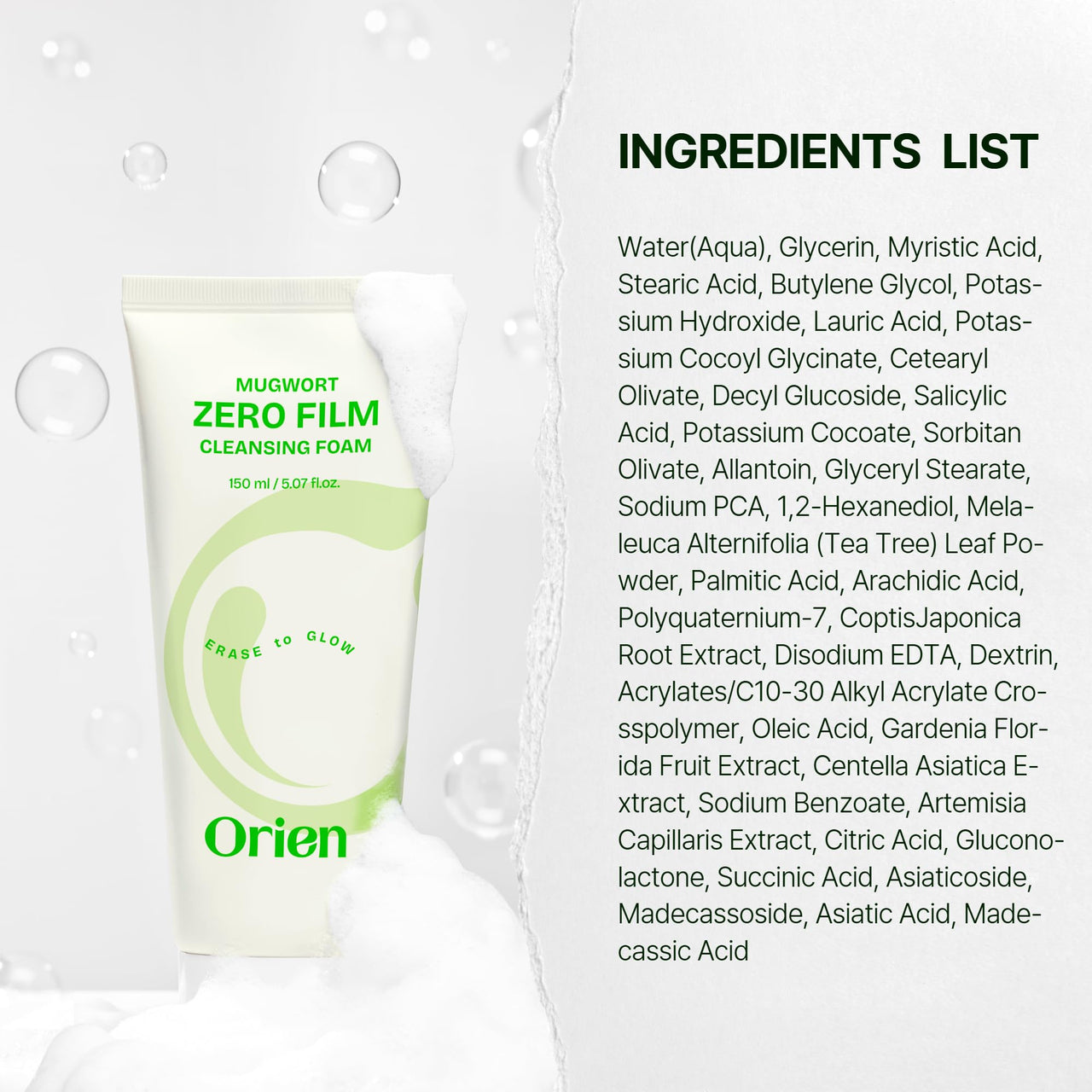 Orien Mugwort Zero Film Cleansing Foam 5.07 fl.oz, 150ml ㅣDaily Makeup Blackhead Removal No pore clogging Korean skincare double cleansing